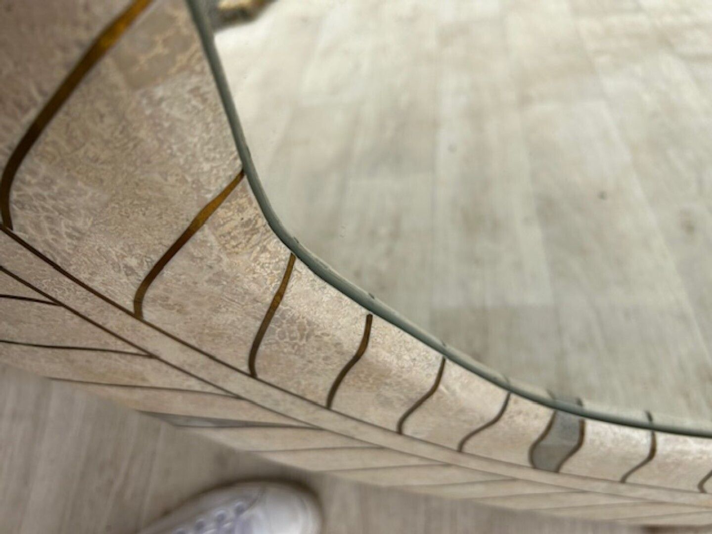 photo furniture Postmodern Tessellated Travertine Demi Lune Console, Attributed To Maitland Smith, 1980s