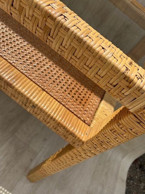 Mid Century Modern Woven Rattan & Glass Two Tier Console, Italy, 1970s photo Furniture