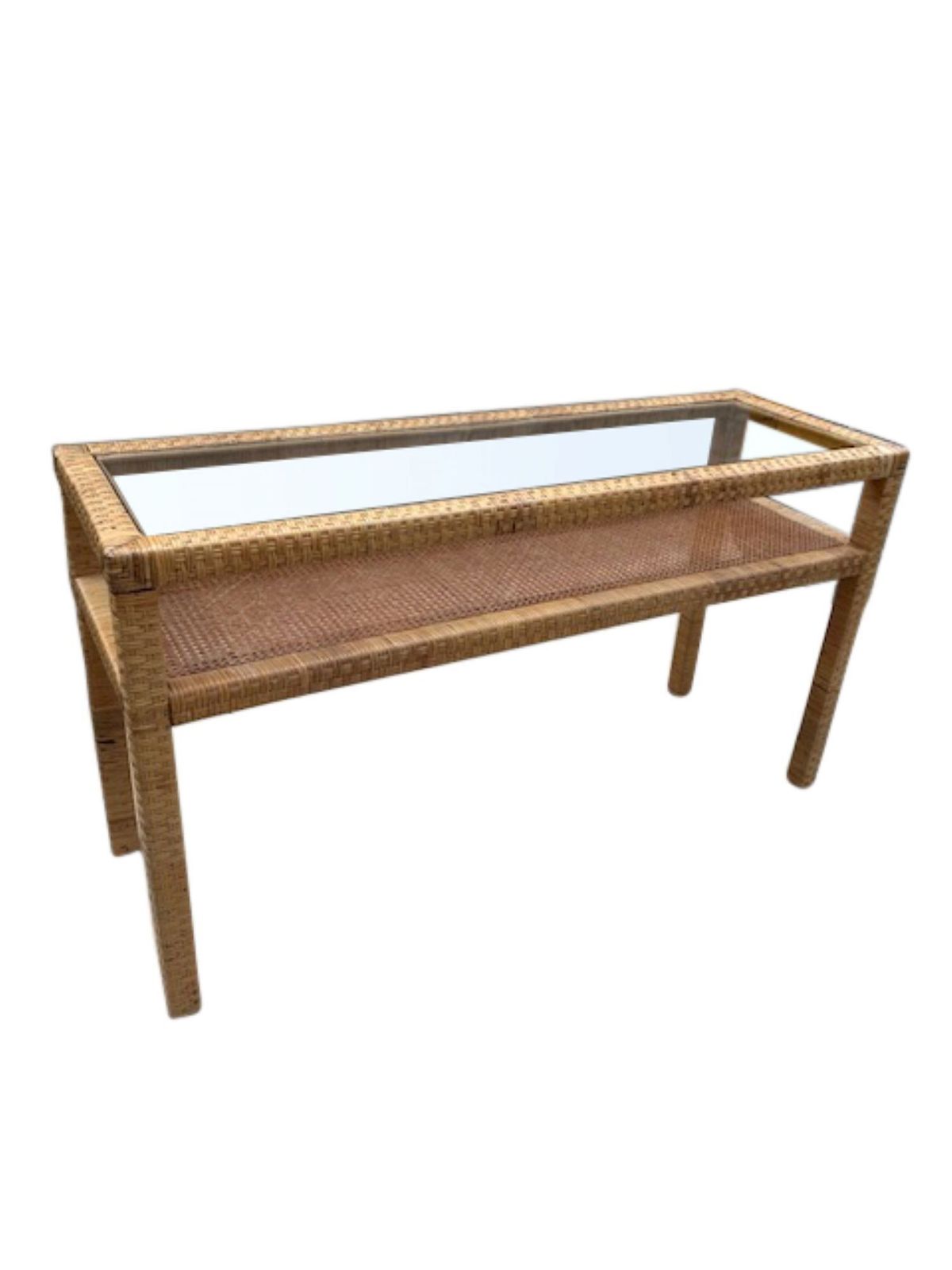 Mid Century Modern Woven Rattan & Glass Two Tier Console, Italy, 1970s photo furniture