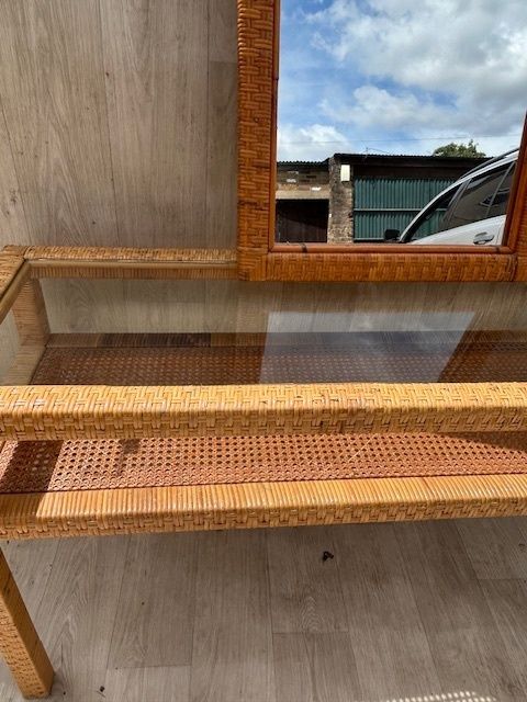photo for sale Mid Century Modern Woven Rattan & Glass Two Tier Console, Italy, 1970s