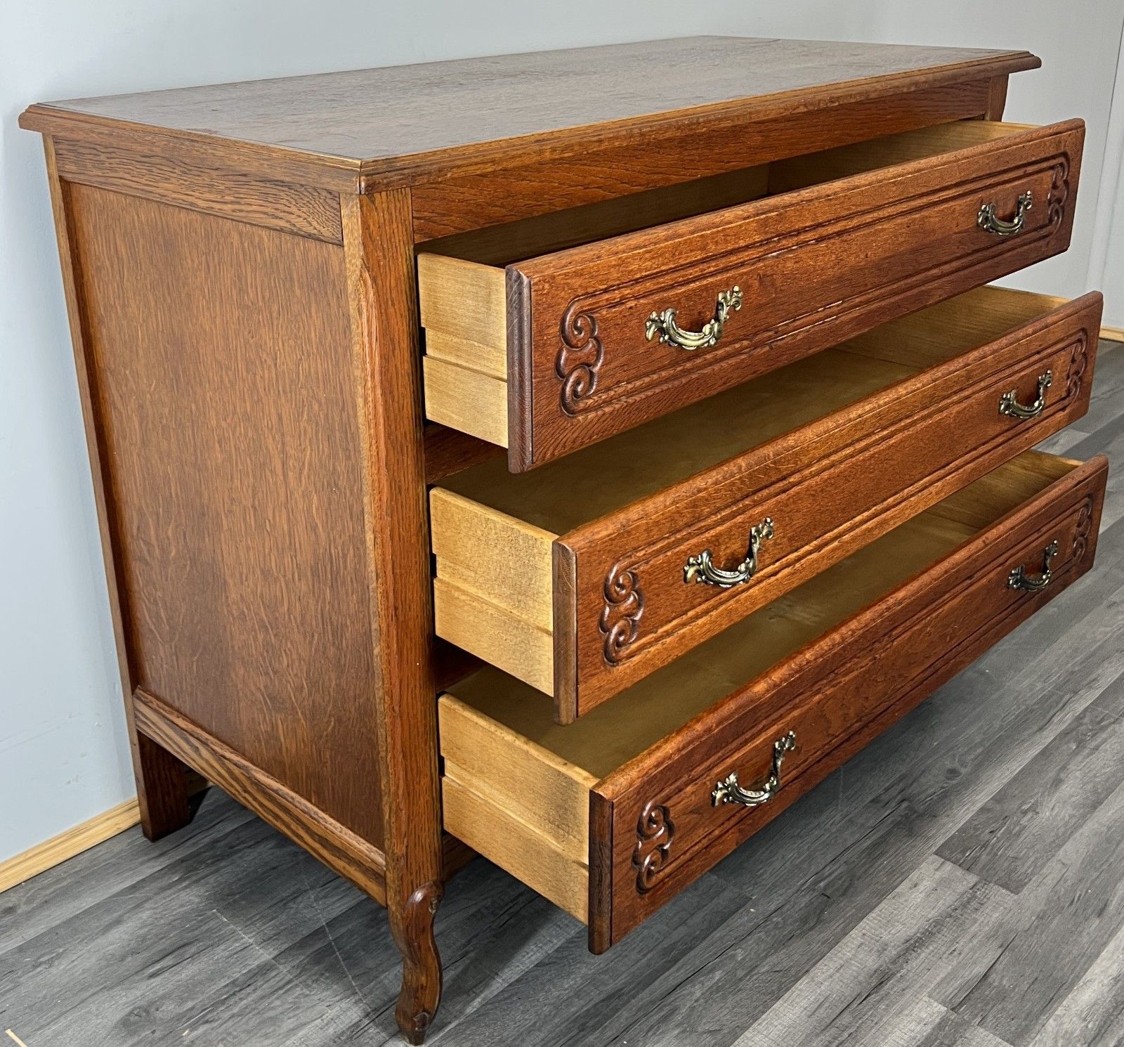Chest Of Drawers Vintage French Louis Oak 3 Drawer Carved Cabinet Lot 4465 photo for sale