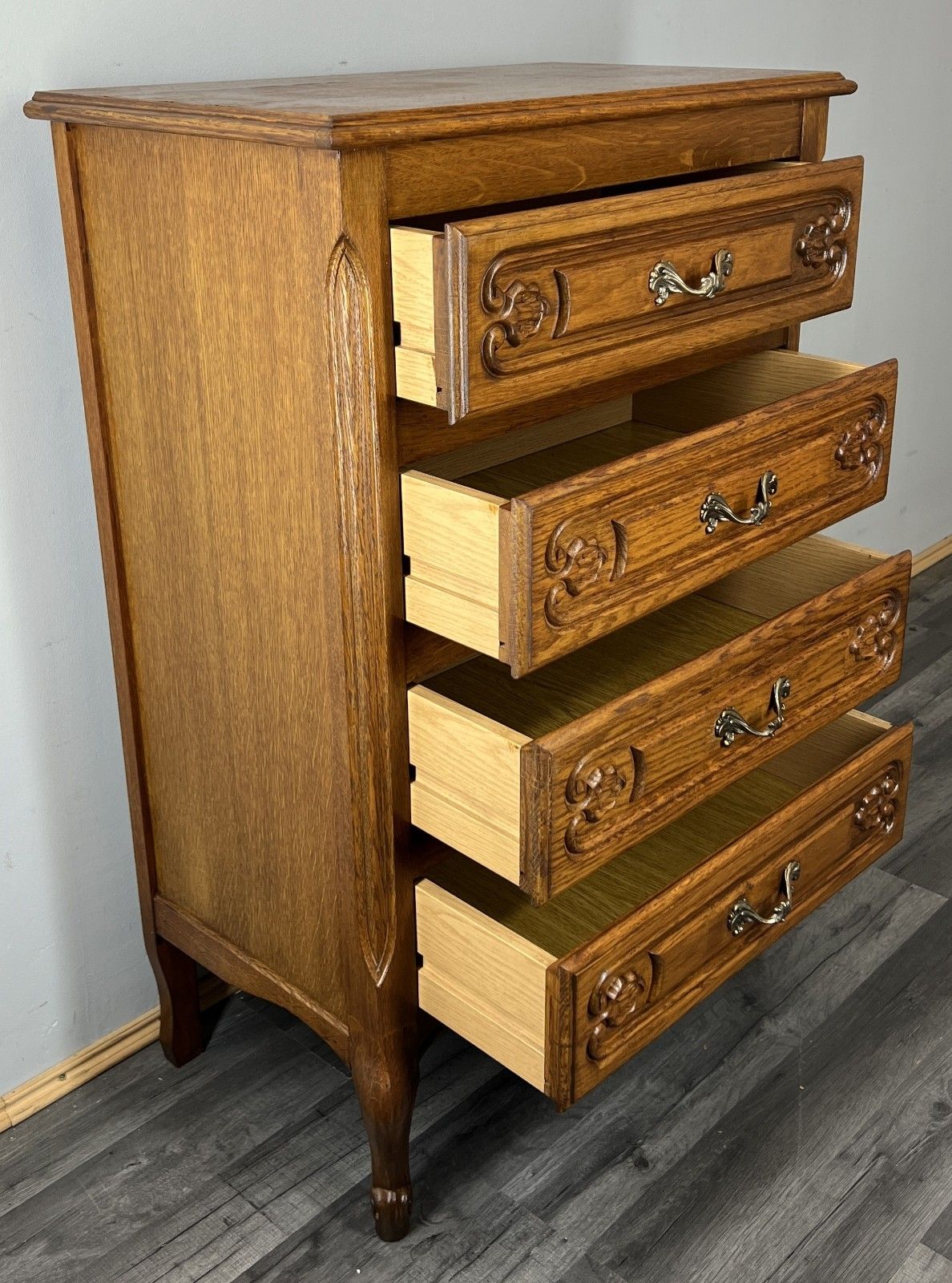 photo for sale Chest Of Drawers Vintage French Louis Oak 4 Drawers Carved Cabinet Lot 4466