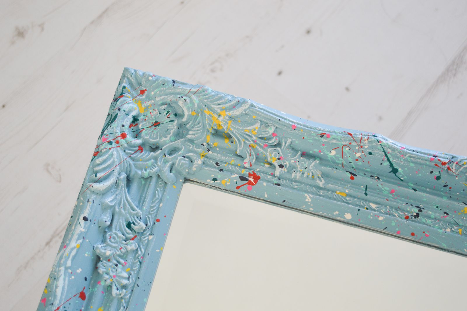 French Style Mirror With Splats Of Colourful Paint, Colourful Hand Painted Provence Blue Ornate 64x54 Cm photo for sale