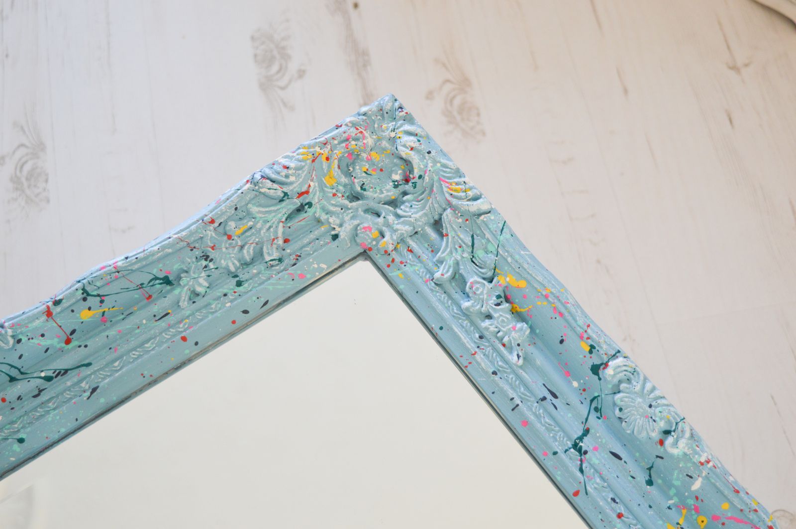French Style Mirror With Splats Of Colourful Paint, Colourful Hand Painted Provence Blue Ornate 64x54 Cm photo vinterior