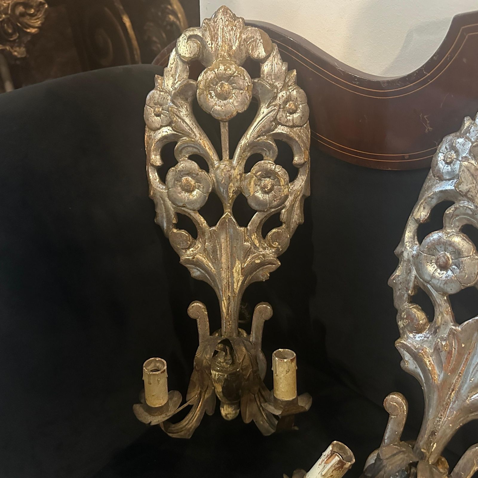 photo buy Authentic Louis XVI Silvered Linden Wood Sicilian And Iron Wall Candle Sconces
