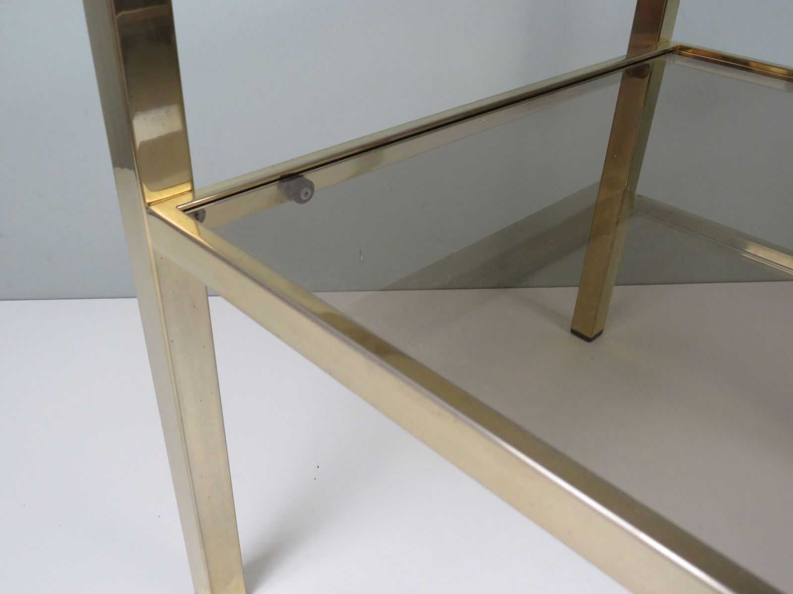 Hollywood Regency Brass And Smoked Glass Side Table By De Knudt, Belgium, 1970s photo vinterior