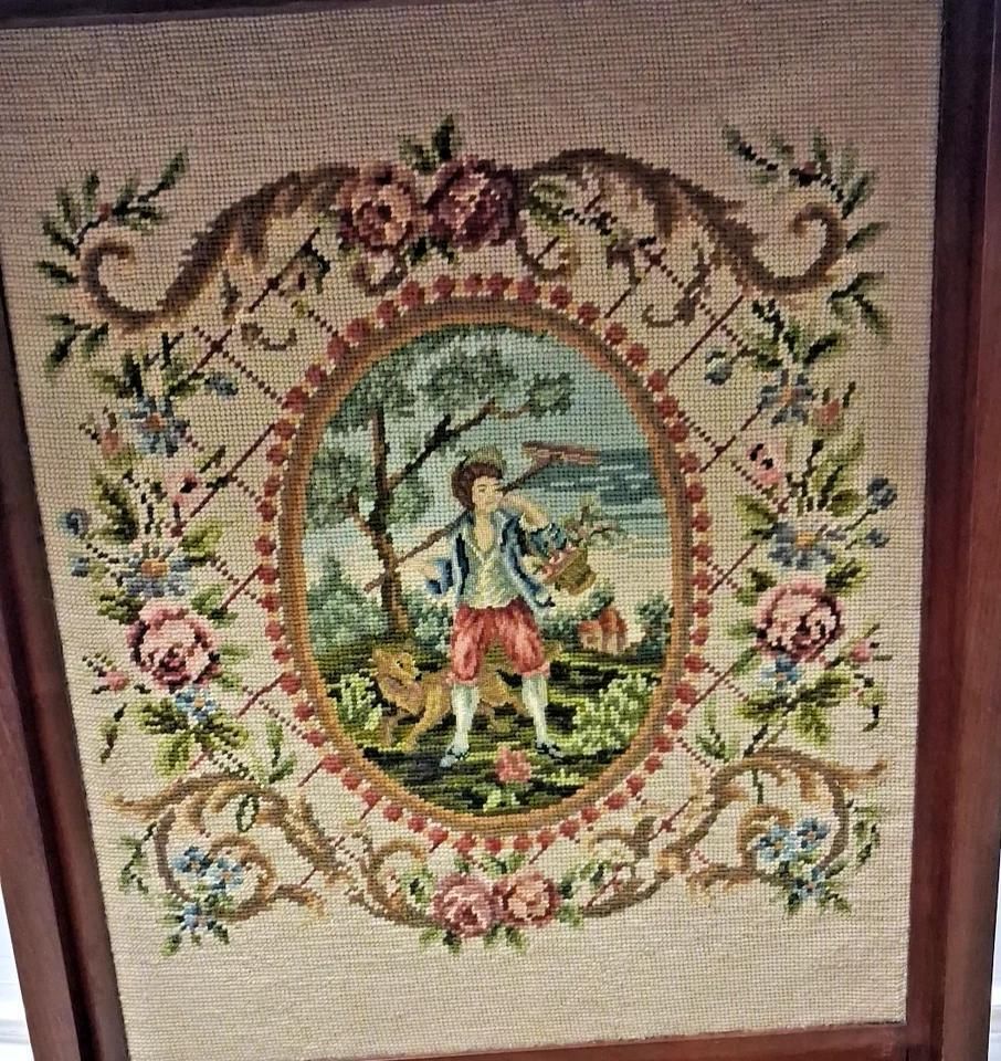 Vintage Tapestry Fire Screen Adjustable With Folding Shelf In Victorian Style photo furniture