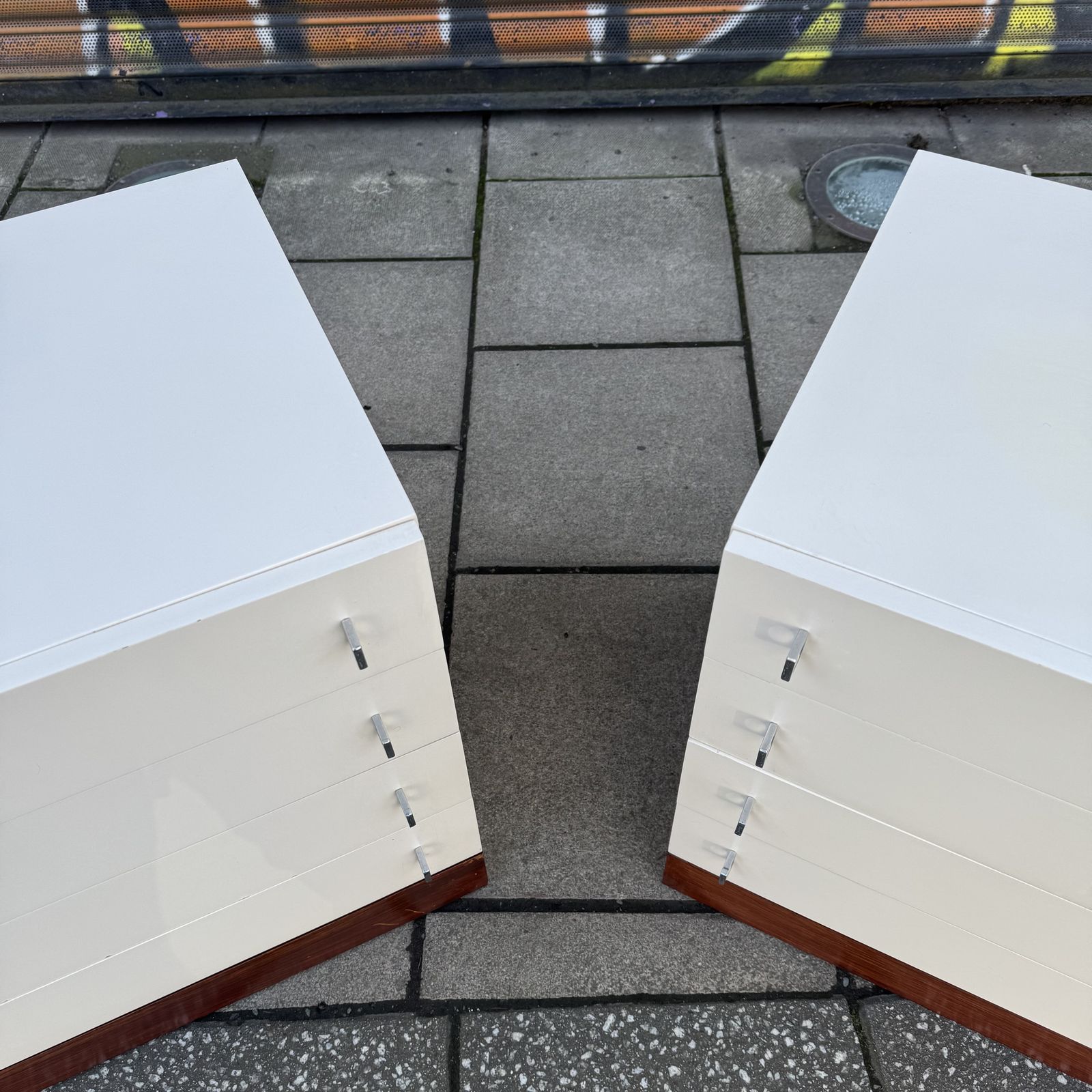 A Stunning Retro 1970s Pair Of White, Chrome And Rosewood Meredew British Chest Of Drawers. photo buy