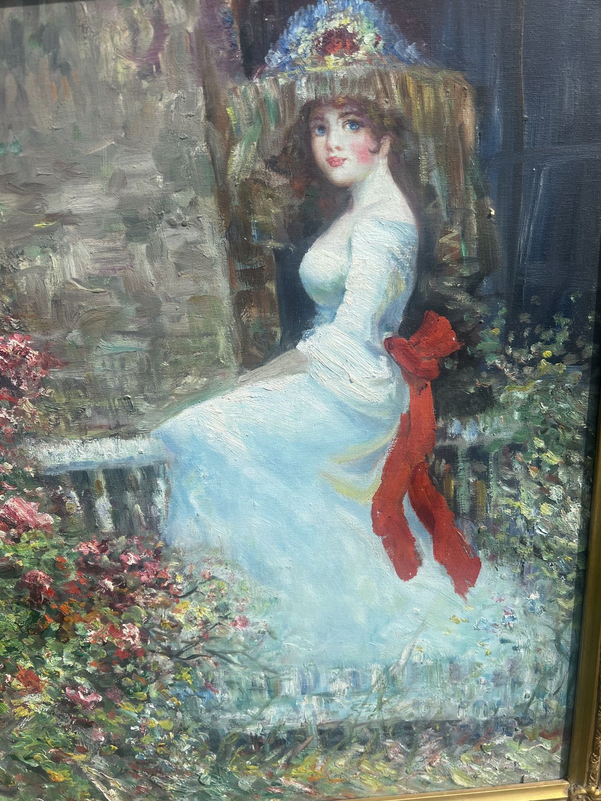 Mid 20th Century Impressionist Portrait Of A Lady In Garden Scene, Oil Painting In Ornate Gilt Frame photo for sale