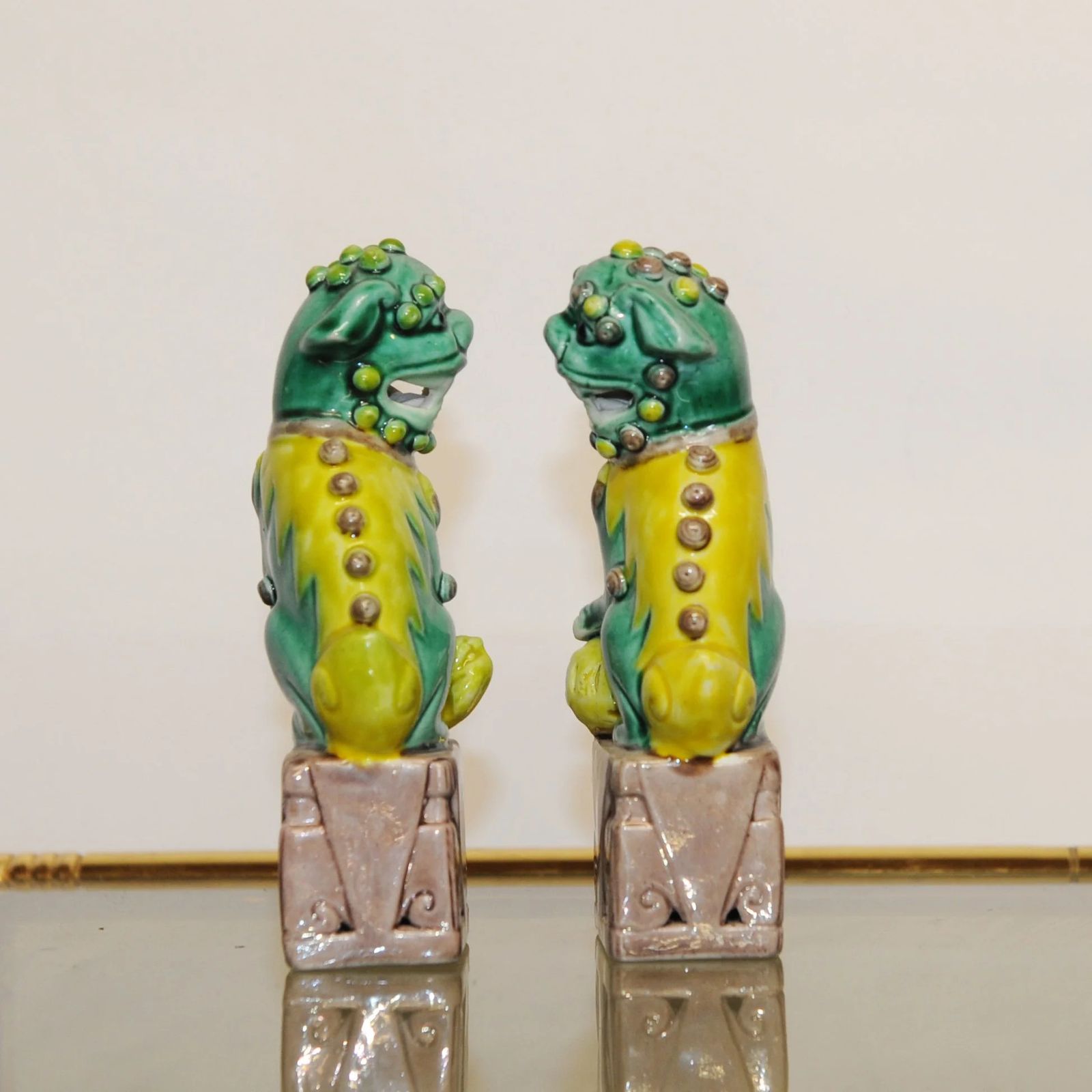 Pair Of Old Chinese Temple Lions Foo Dog Guardian Green & Yellow Porcelain Figures, 1920s photo for sale