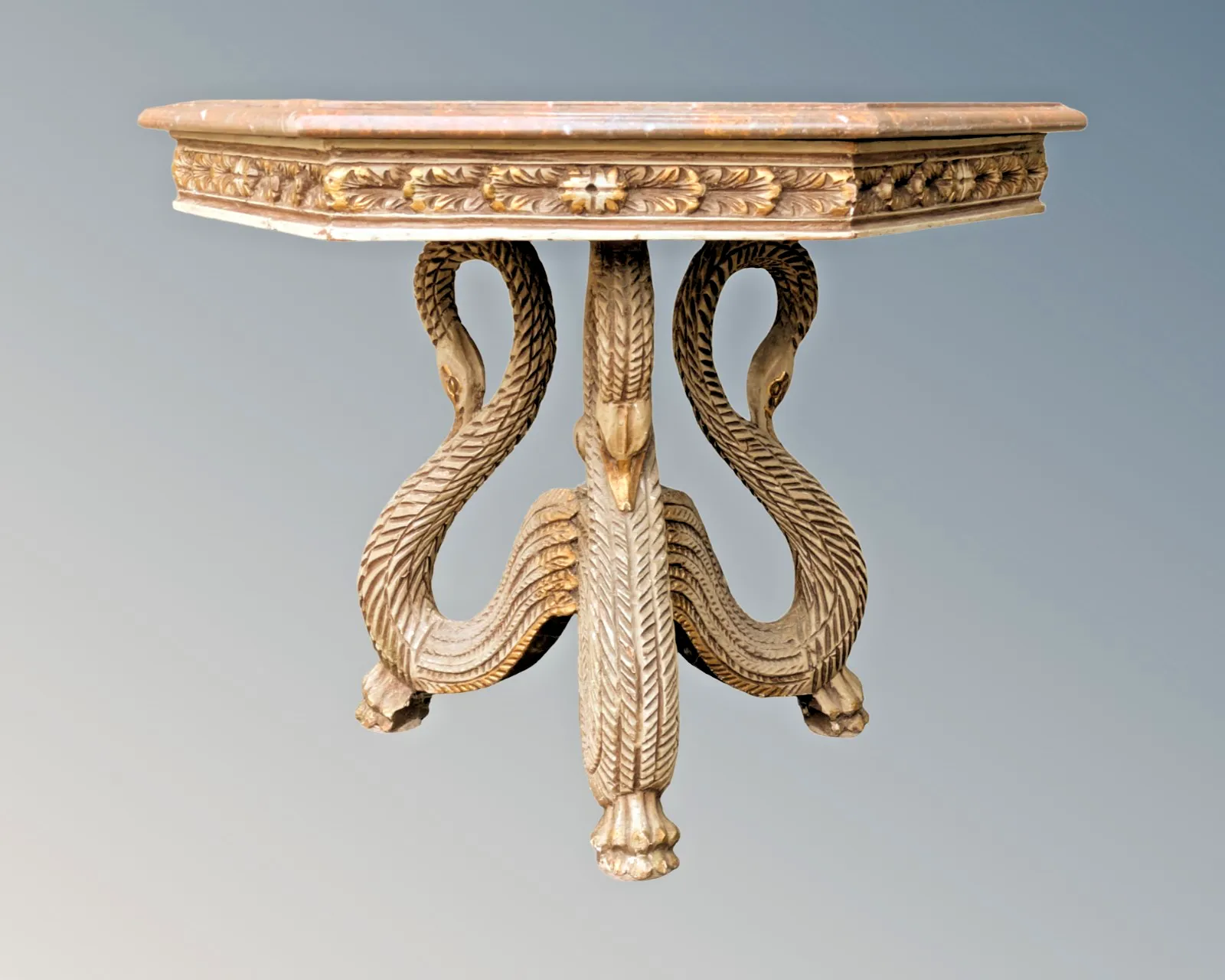 Elegant French Marble & Giltwood Table Swans photo for sale