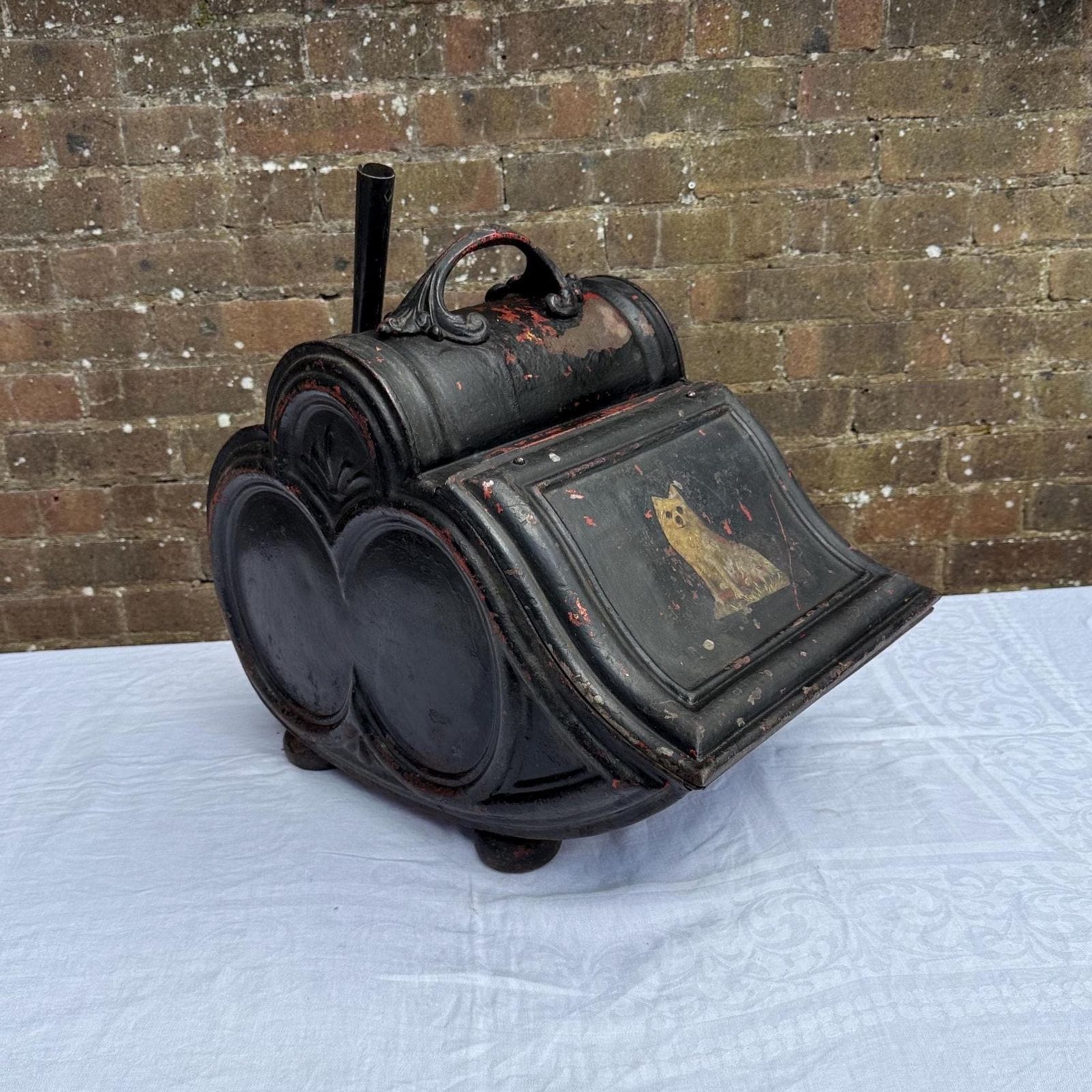 Antique Black Painted Victorian Coal Scuttle With Dog Motif And Shovel — Possibly Central European Metal Fireplace Coal Bucket And Shovel