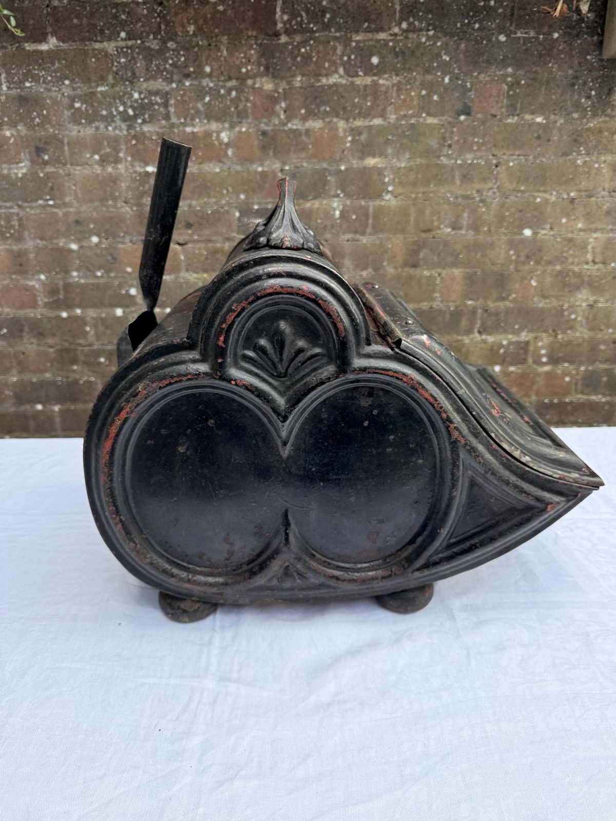 Antique Black Painted Victorian Coal Scuttle With Dog Motif And Shovel — Possibly Central European Metal Fireplace Coal Bucket And Shovel photo 270.0