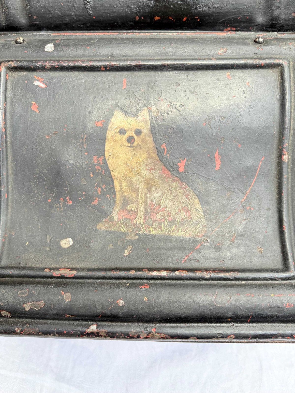 Antique Black Painted Victorian Coal Scuttle With Dog Motif And Shovel — Possibly Central European Metal Fireplace Coal Bucket And Shovel photo vintage