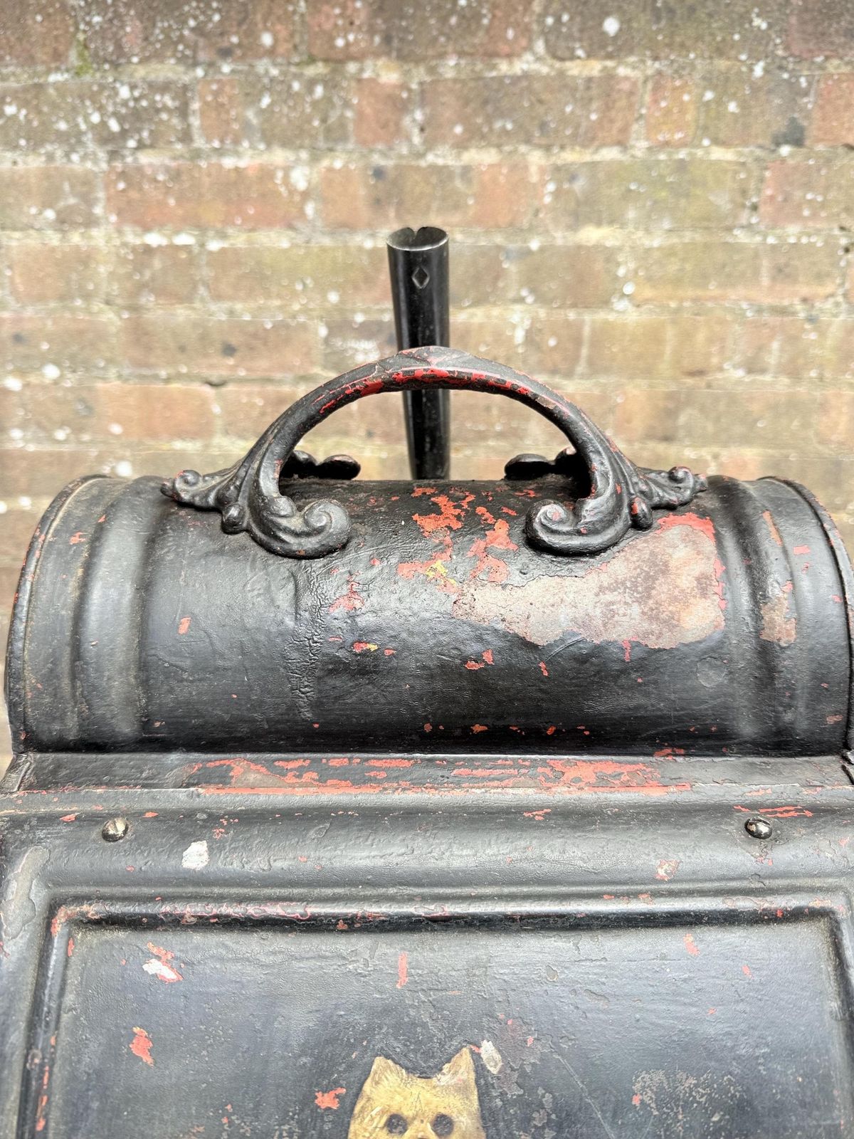 photo furniture Antique Black Painted Victorian Coal Scuttle With Dog Motif And Shovel — Possibly Central European Metal Fireplace Coal Bucket And Shovel
