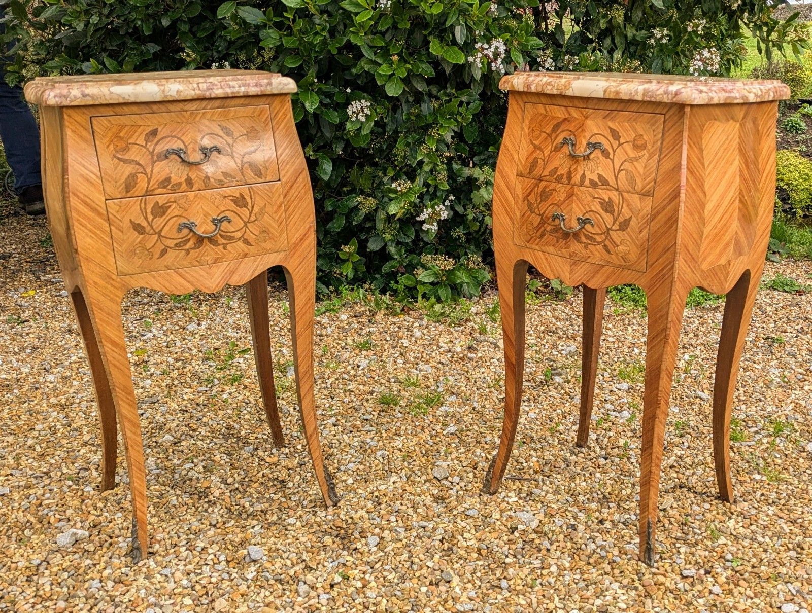 Good Pair Antique French Inlaid Bedside Cabinets Marble Tops photo furniture