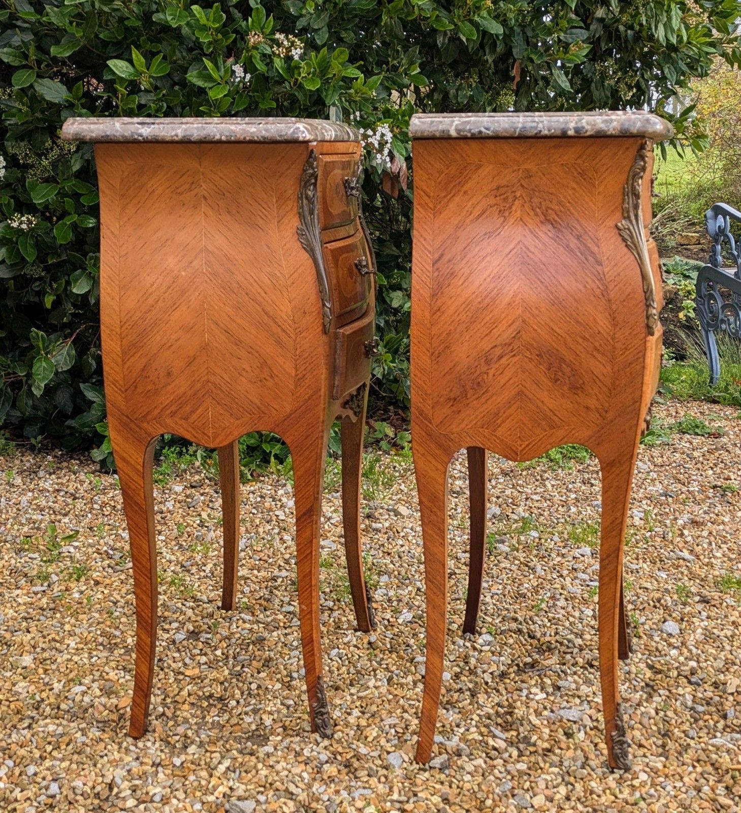 Good Pair Of French Walnut & Marble Bedside Cabinets photo for sale