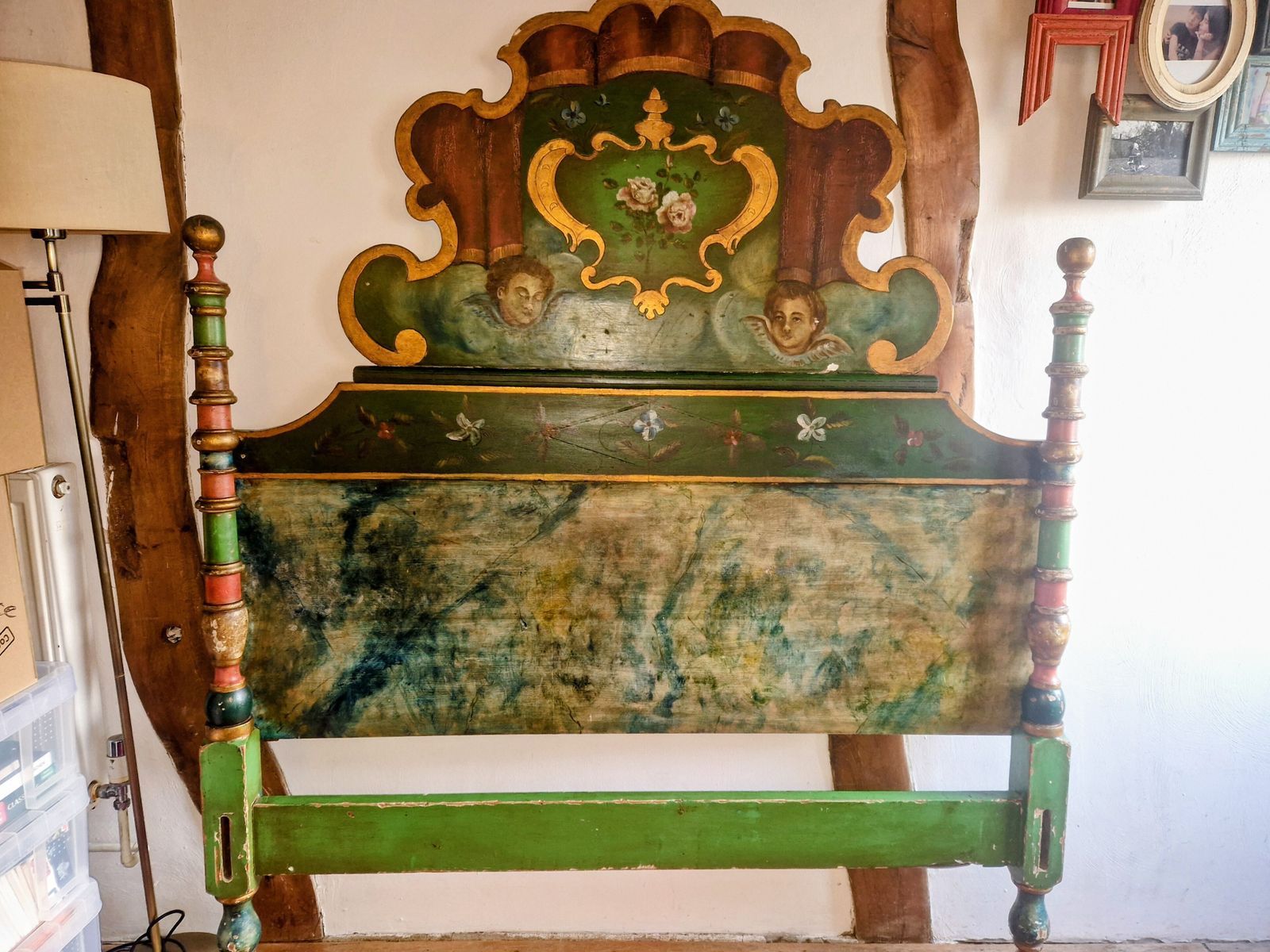 Antique 19 Century Headboard. French Made. Putty Faces. Green Flowers God Painted. photo for sale