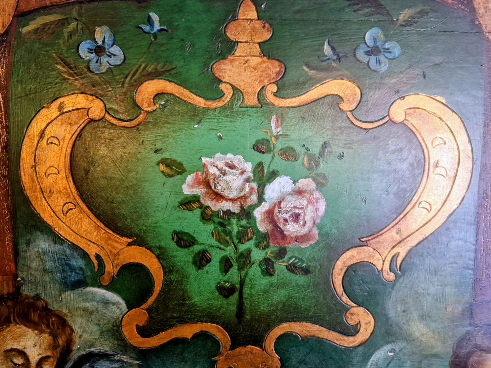 Antique 19 Century Headboard. French Made. Putty Faces. Green Flowers God Painted. photo 500.0