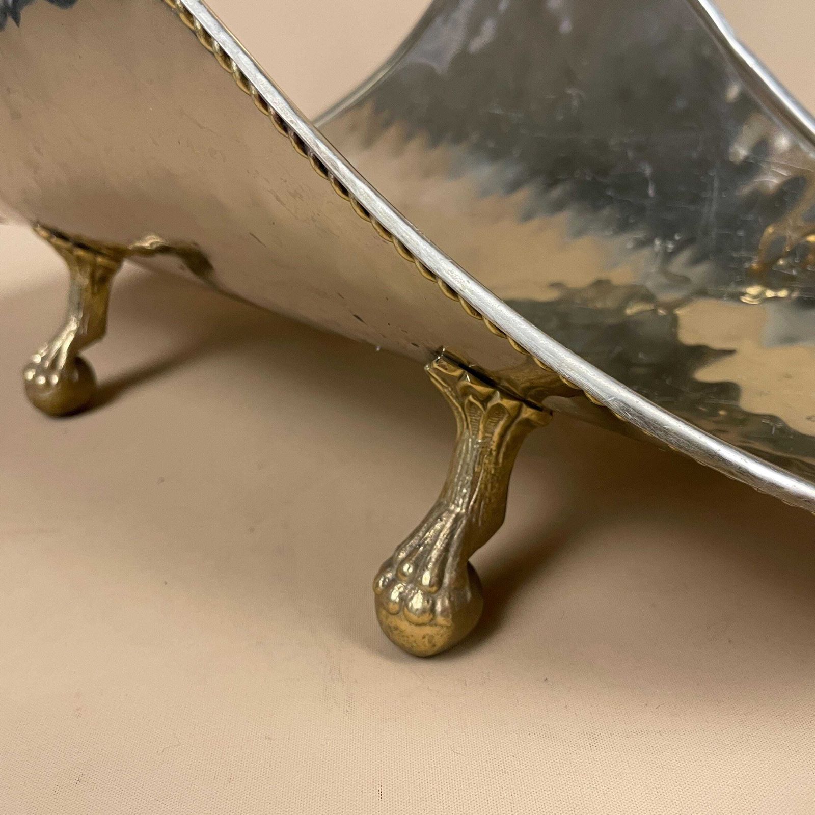 Metal Log Holder Gold Silver Coal Bucket Handle Fireside Fire Side Scuttle Farmhouse Cottage Hammered Feet Vintage Fireplace Logs Antique photo buy