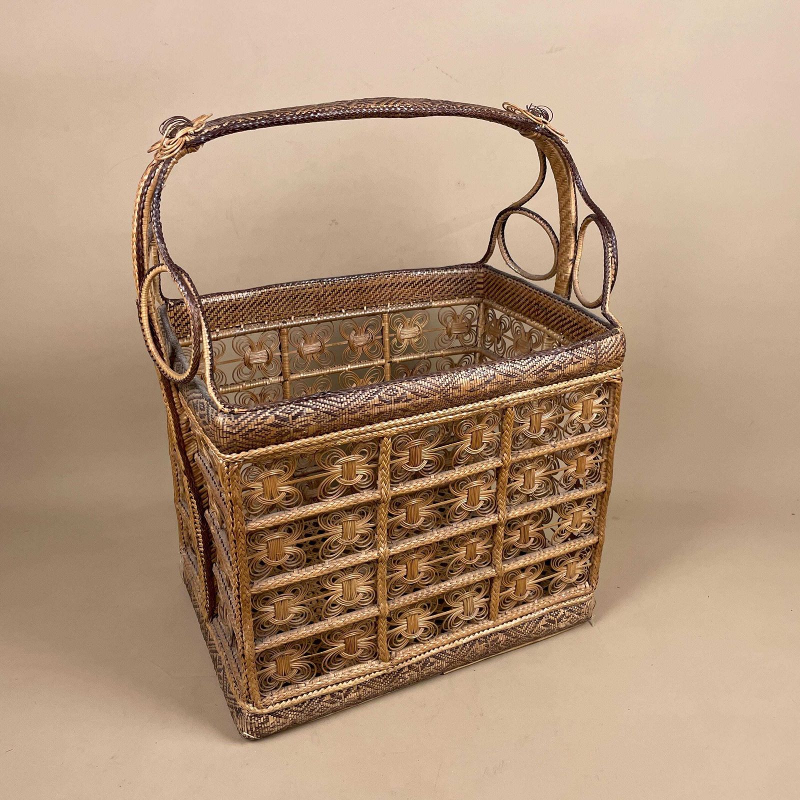 Handmade Finely Woven Rectangle Basket Wicker Vintage Storage Wood Handle Wooden Cottage Farmhouse Medium Brown Intricate Patterned Pattern photo furniture