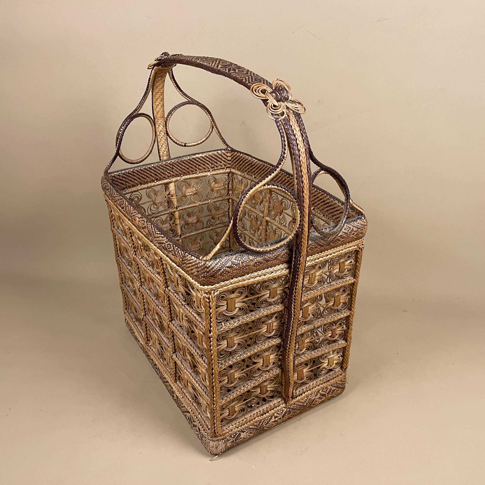 Handmade Finely Woven Rectangle Basket Wicker Vintage Storage Wood Handle Wooden Cottage Farmhouse Medium Brown Intricate Patterned Pattern photo for sale