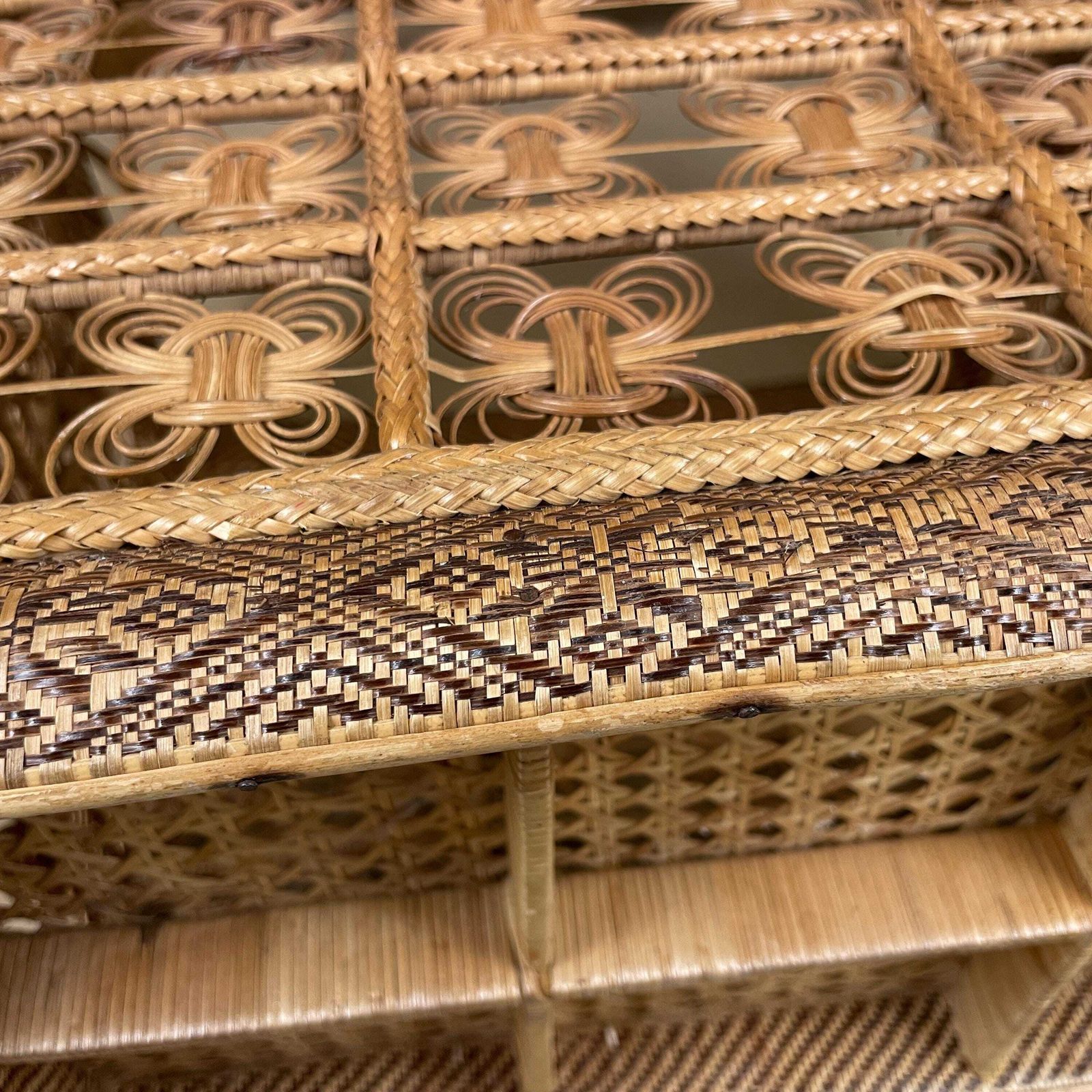 photo vintage Handmade Finely Woven Rectangle Basket Wicker Vintage Storage Wood Handle Wooden Cottage Farmhouse Medium Brown Intricate Patterned Pattern