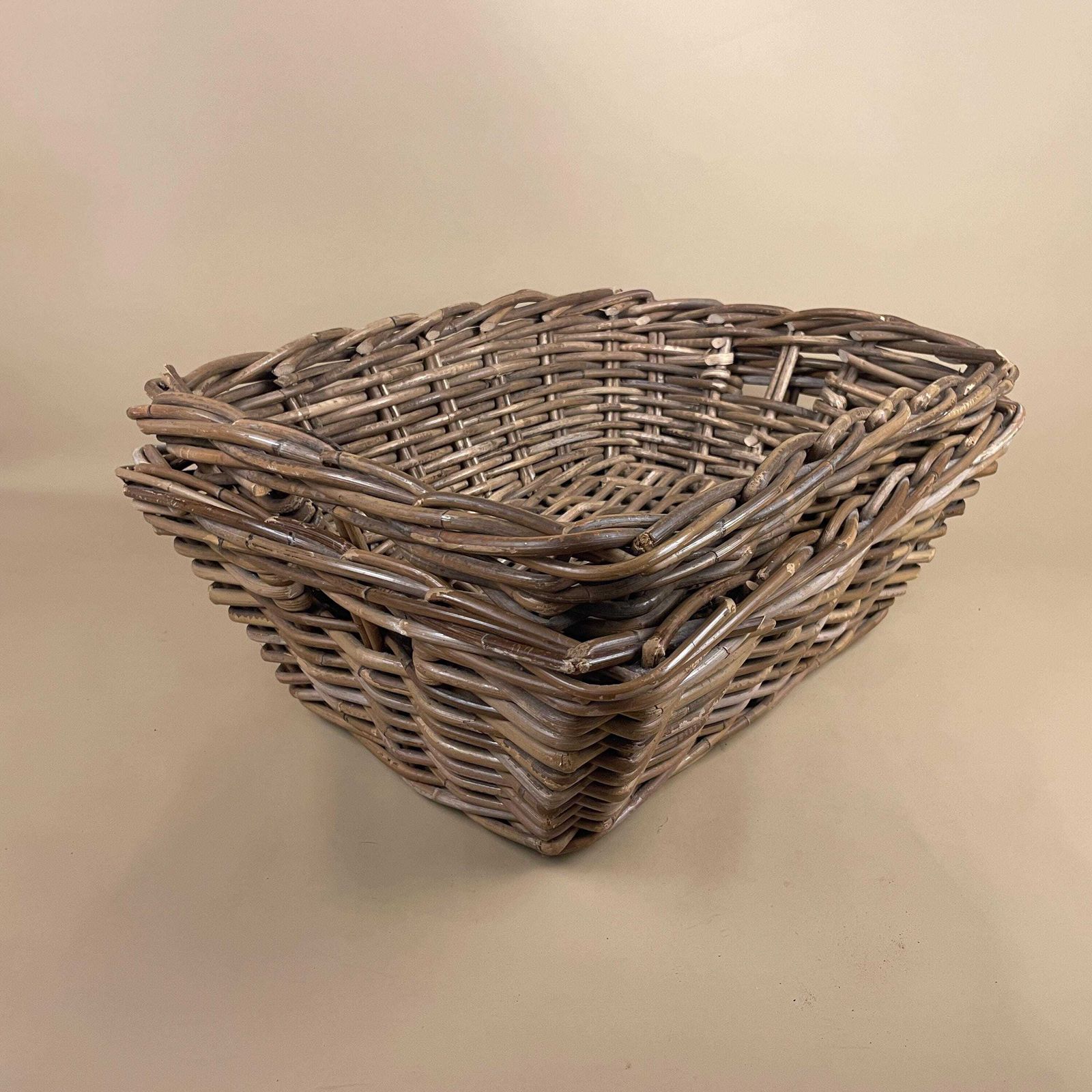 Set Of 2 Rectangle Basket Woven Wicker Vintage Log Storage Handles Wooden Cottage Farmhouse Medium Logs Fireside Brown Sturdy Under Bed photo Home Decor