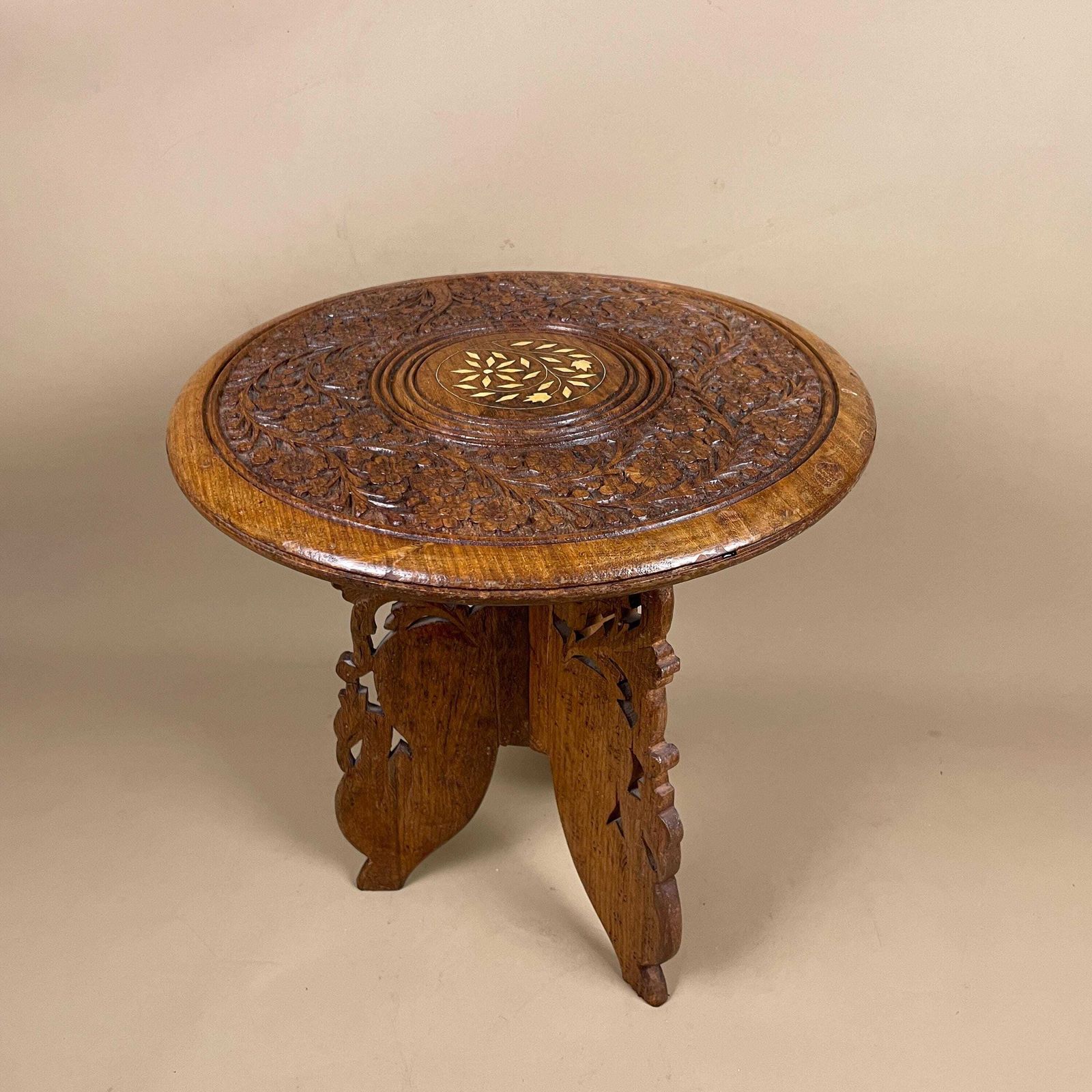 Indian Wooden Table Decorative Intricate Patterned Inlay Top Hand Crafted Round Vintage Antique Asian Plant Stand Floral Pattern Small Wood