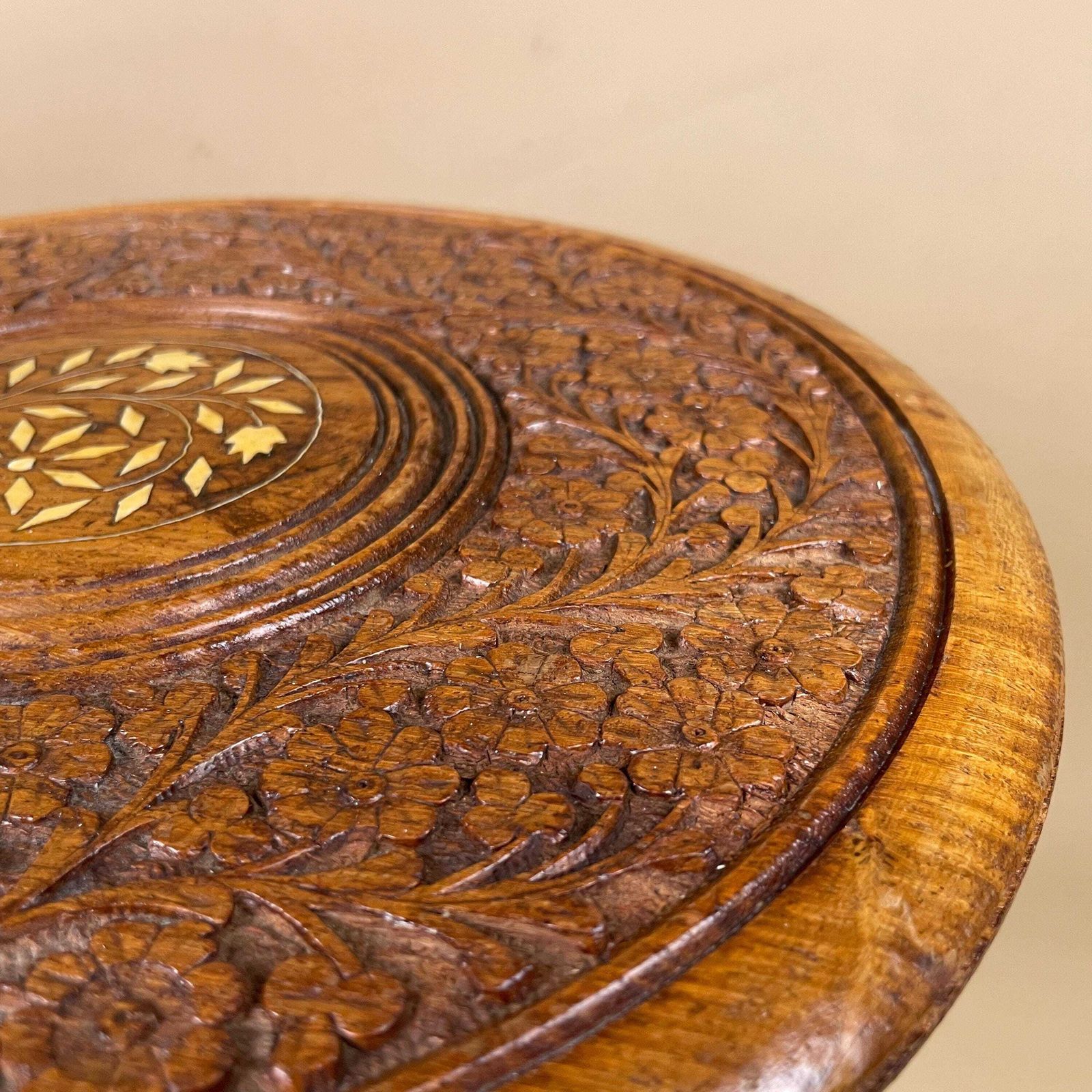 Indian Wooden Table Decorative Intricate Patterned Inlay Top Hand Crafted Round Vintage Antique Asian Plant Stand Floral Pattern Small Wood photo buy