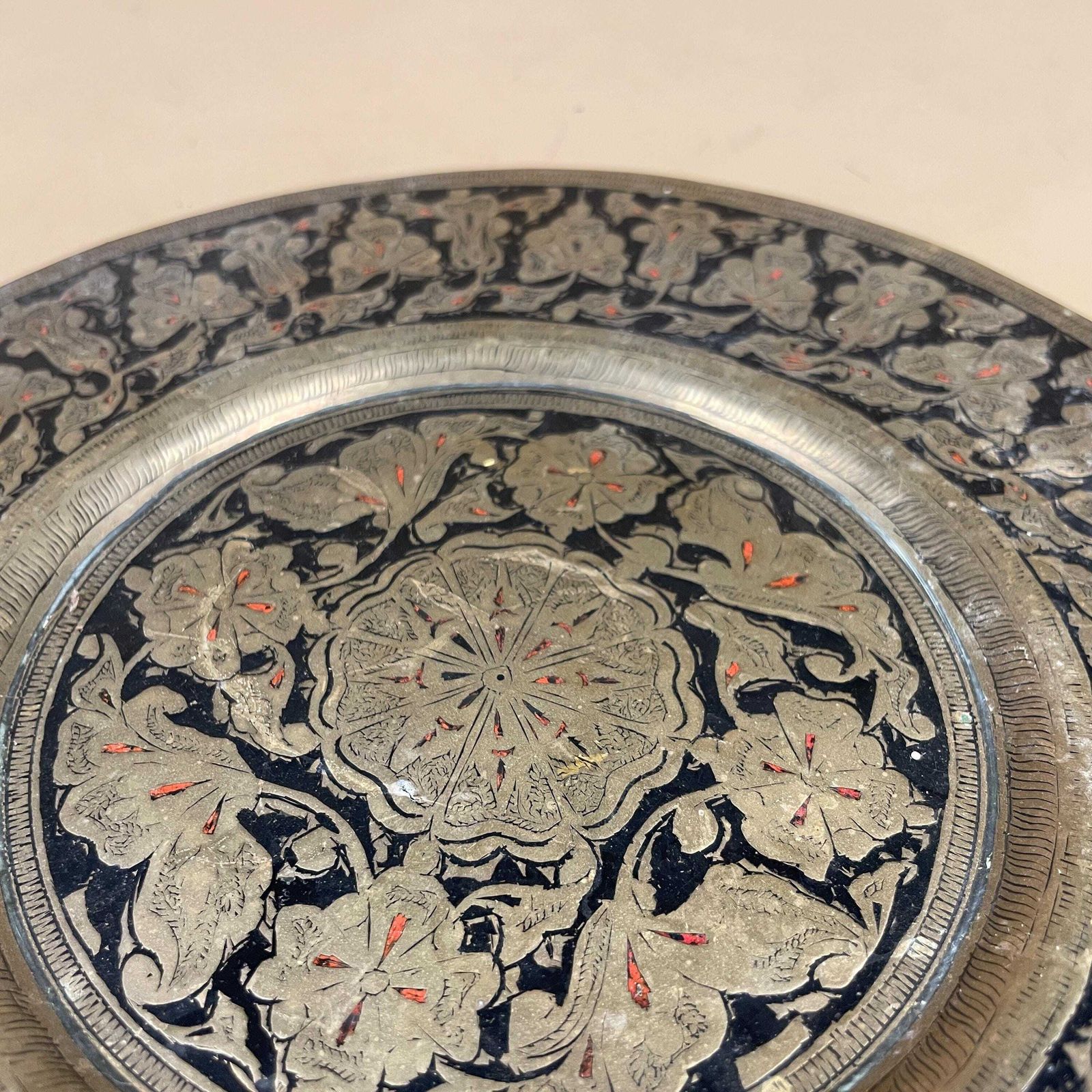Antique Metal Gold Indian Patterned Brass Tray 24.5cm Plate Asian Handmade Etched Intricate Vintage Decorative Patterned Wall Art Black photo furniture