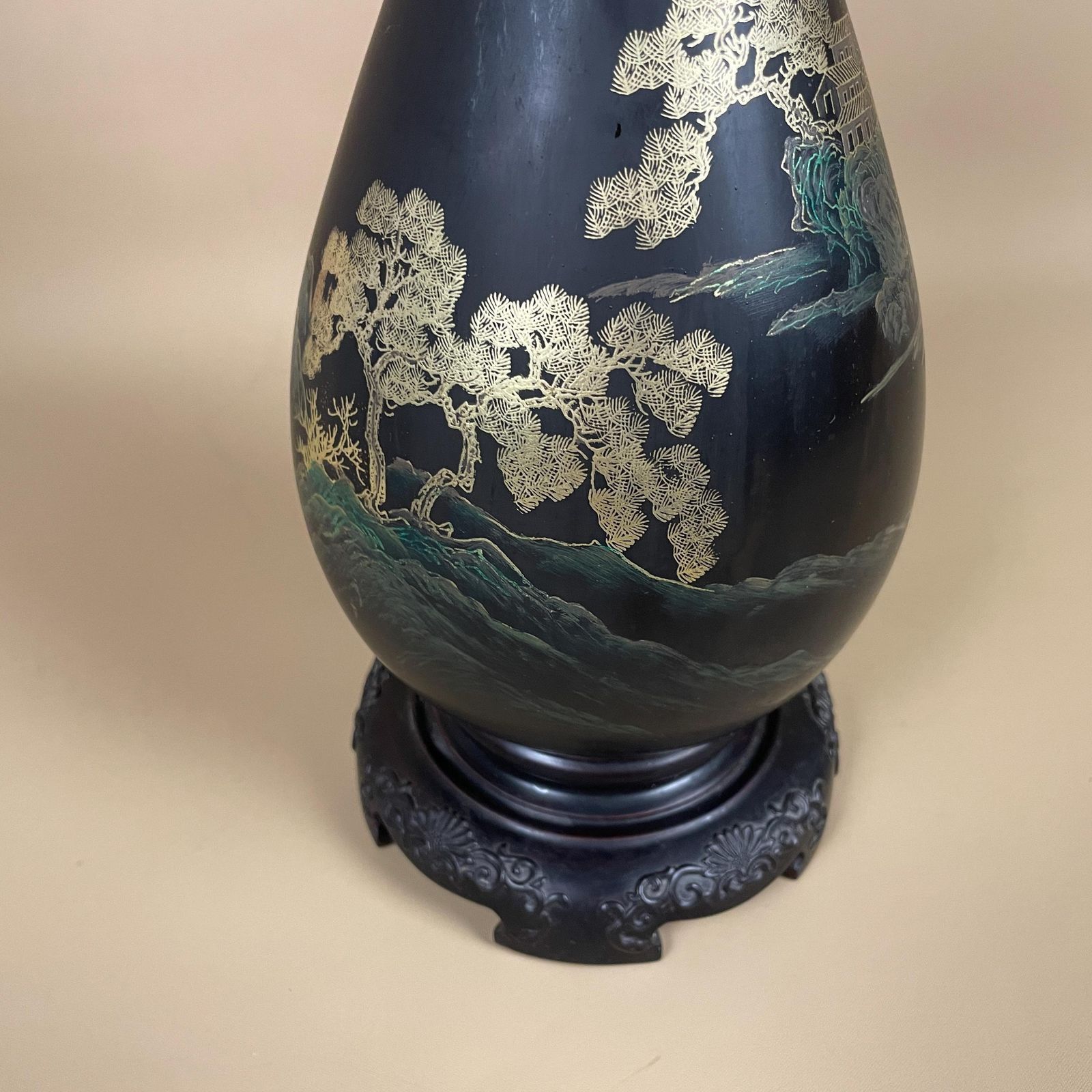 Asian Lacquer Vase Gilt Landscape Hand Painted Oriental Decor Vintage Black Gold Decorative Art Vase With Stand Japanese photo for sale