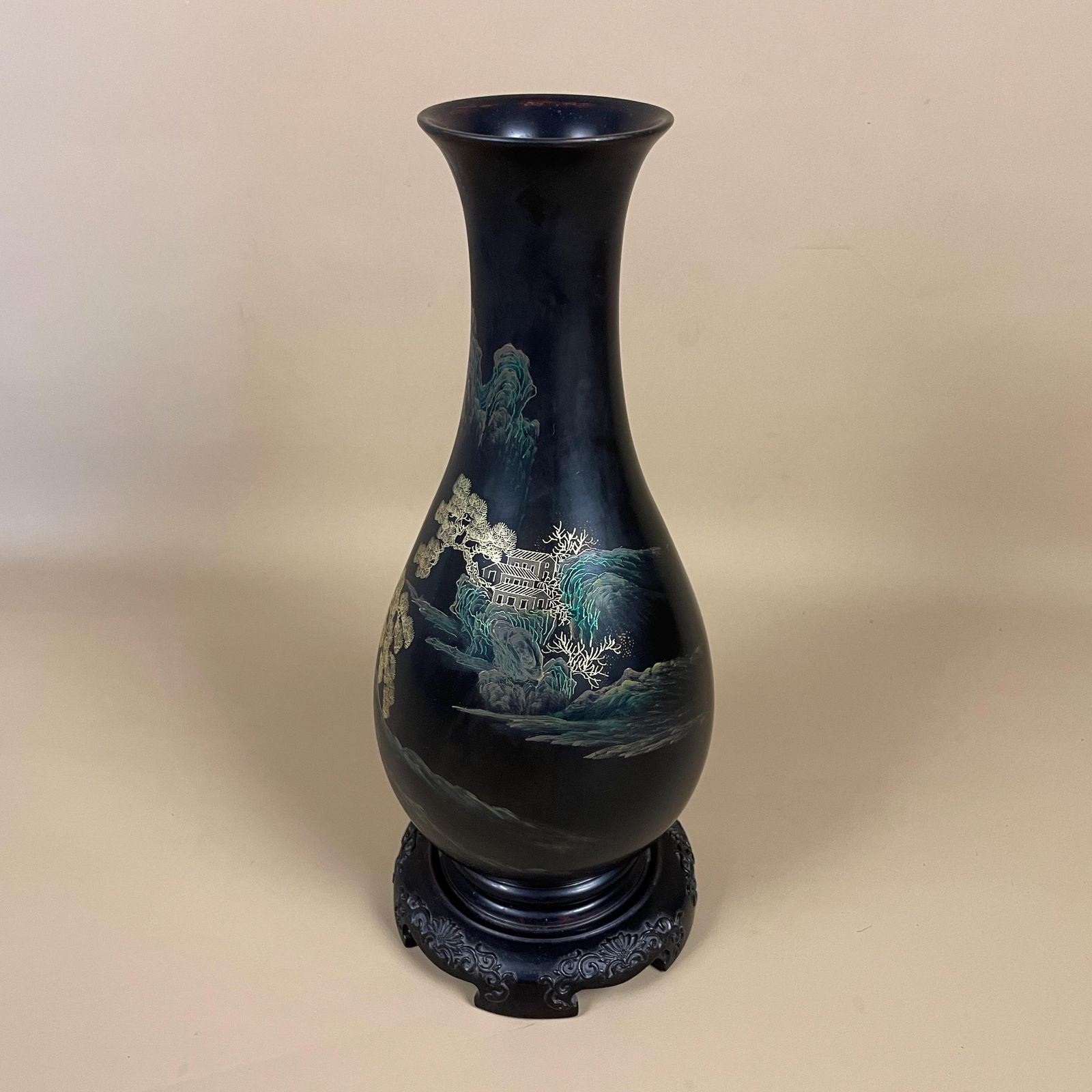 Asian Lacquer Vase Gilt Landscape Hand Painted Oriental Decor Vintage Black Gold Decorative Art Vase With Stand Japanese photo Home Decor