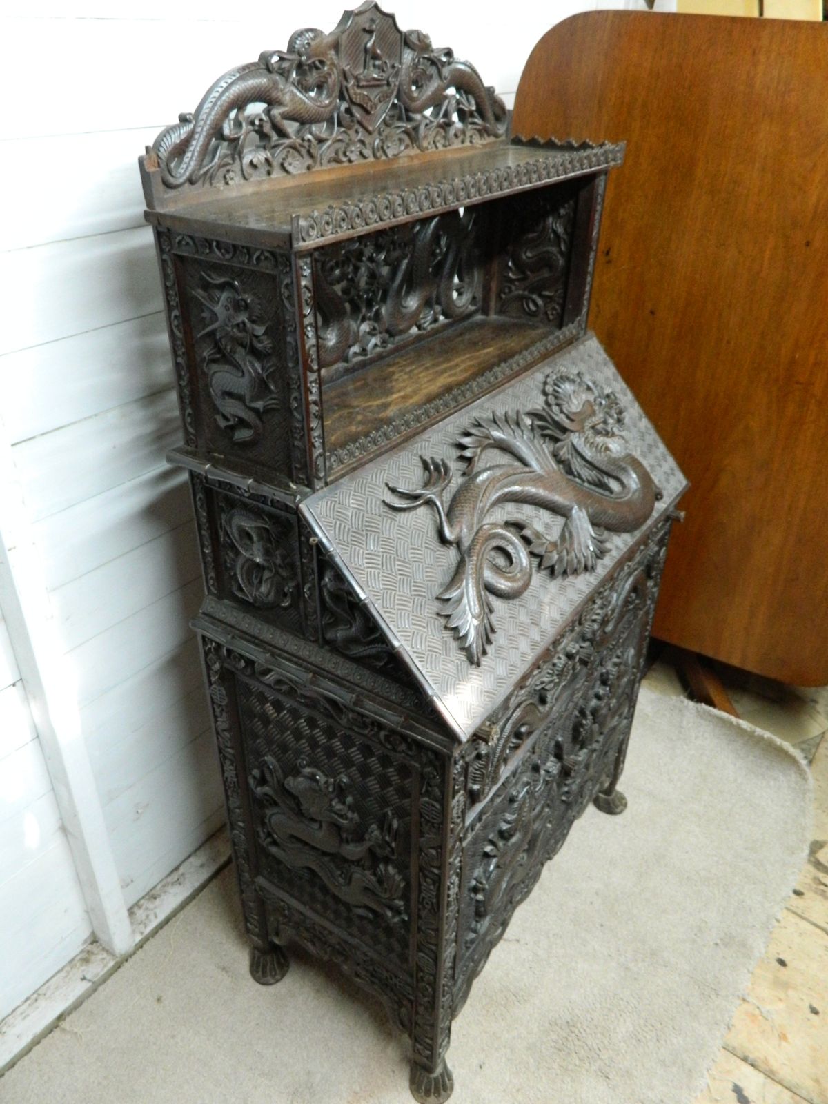 Antique Chinese Dragon Carved Bureau photo Furniture