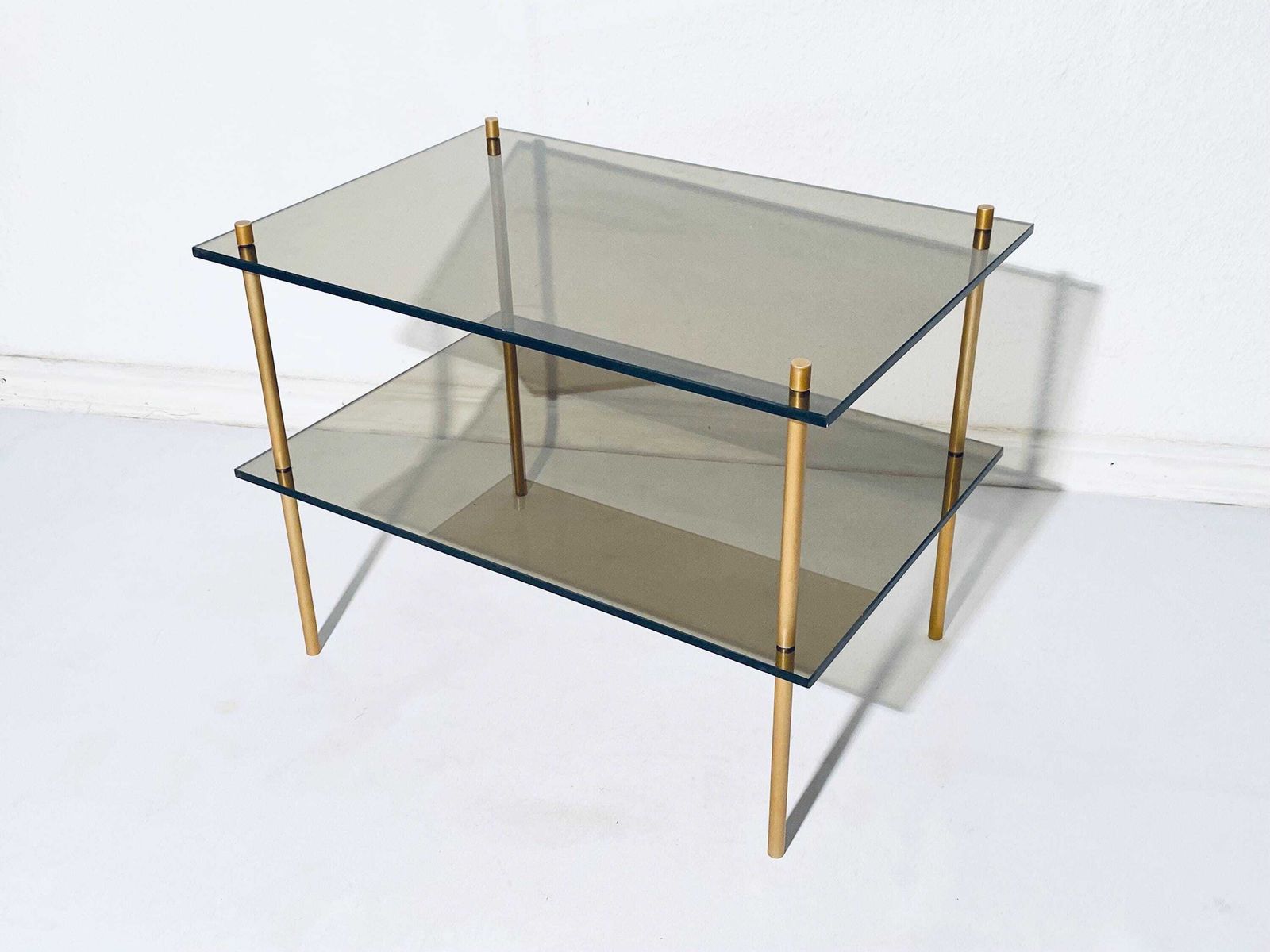 1970s Italian Gold Glass Brass Shelves Stand Sofa Table / Vintage Hollywood Regency Home Decor