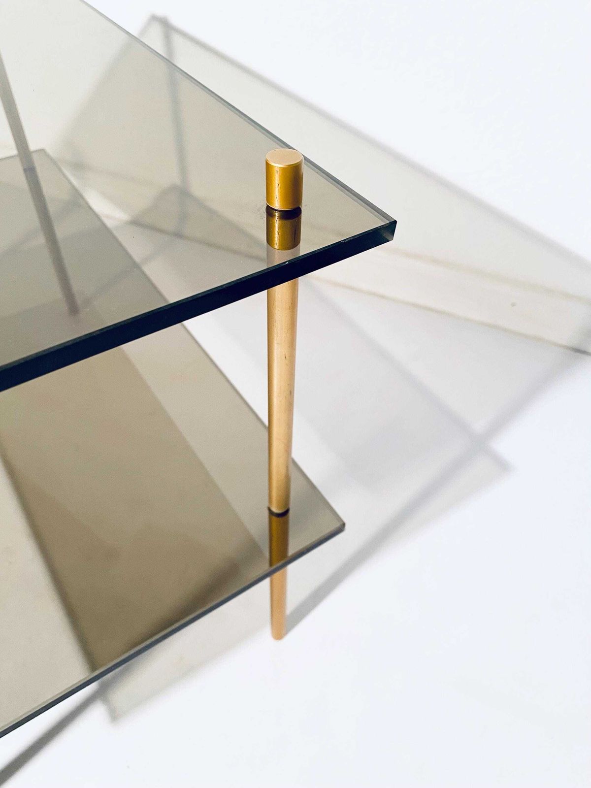 1970s Italian Gold Glass Brass Shelves Stand Sofa Table / Vintage Hollywood Regency Home Decor photo vintage