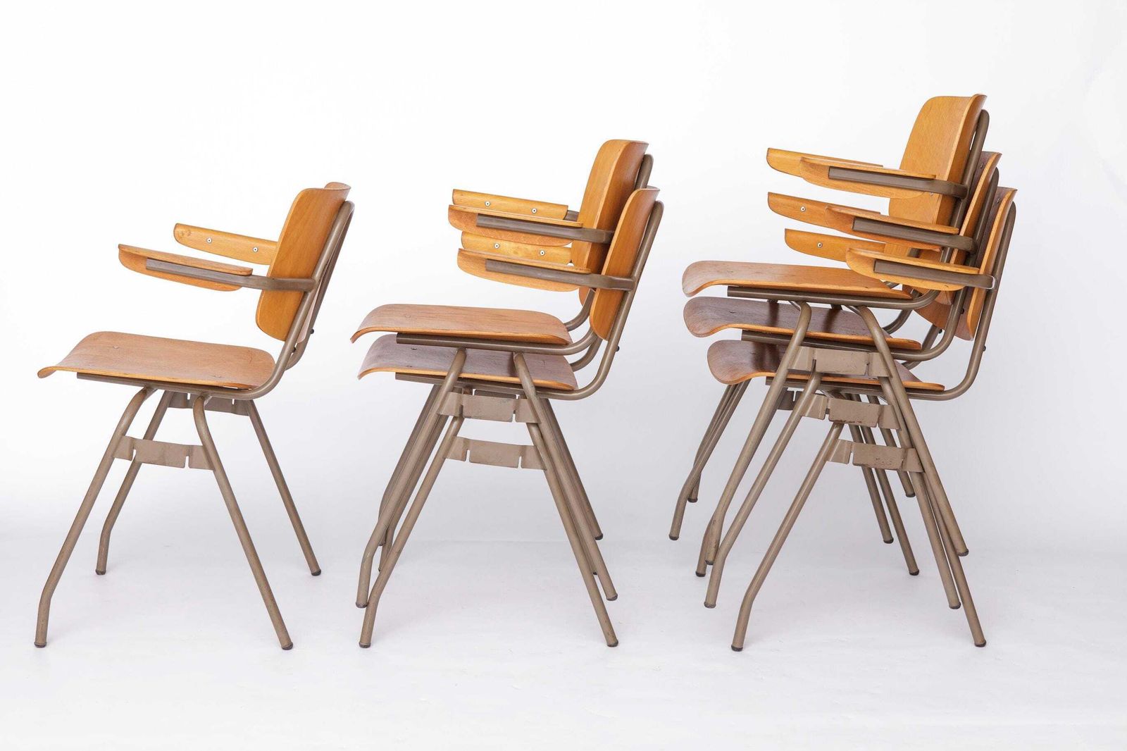Set Of 6 Kho Liang Ie Stackable Chairs – Car Katwijk, 1950s Mid Century Modern, Beech Plywood & Metal, Dutch Design Vintage Chairs