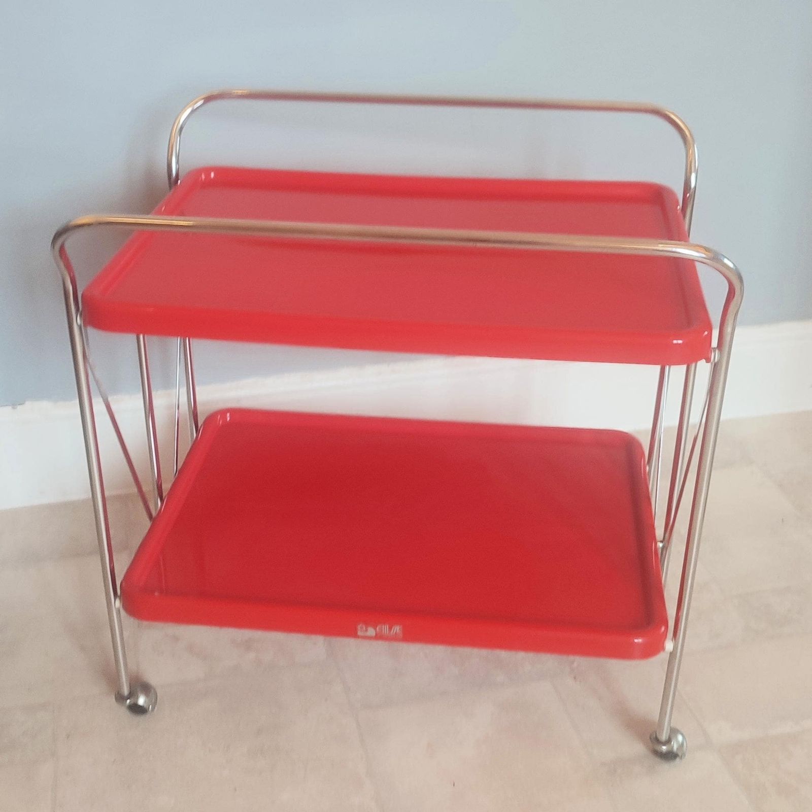 Vintage Italian Ellisse Red Two Tier Folding Trolley – Mid Century Modern Drinks Cart photo furniture