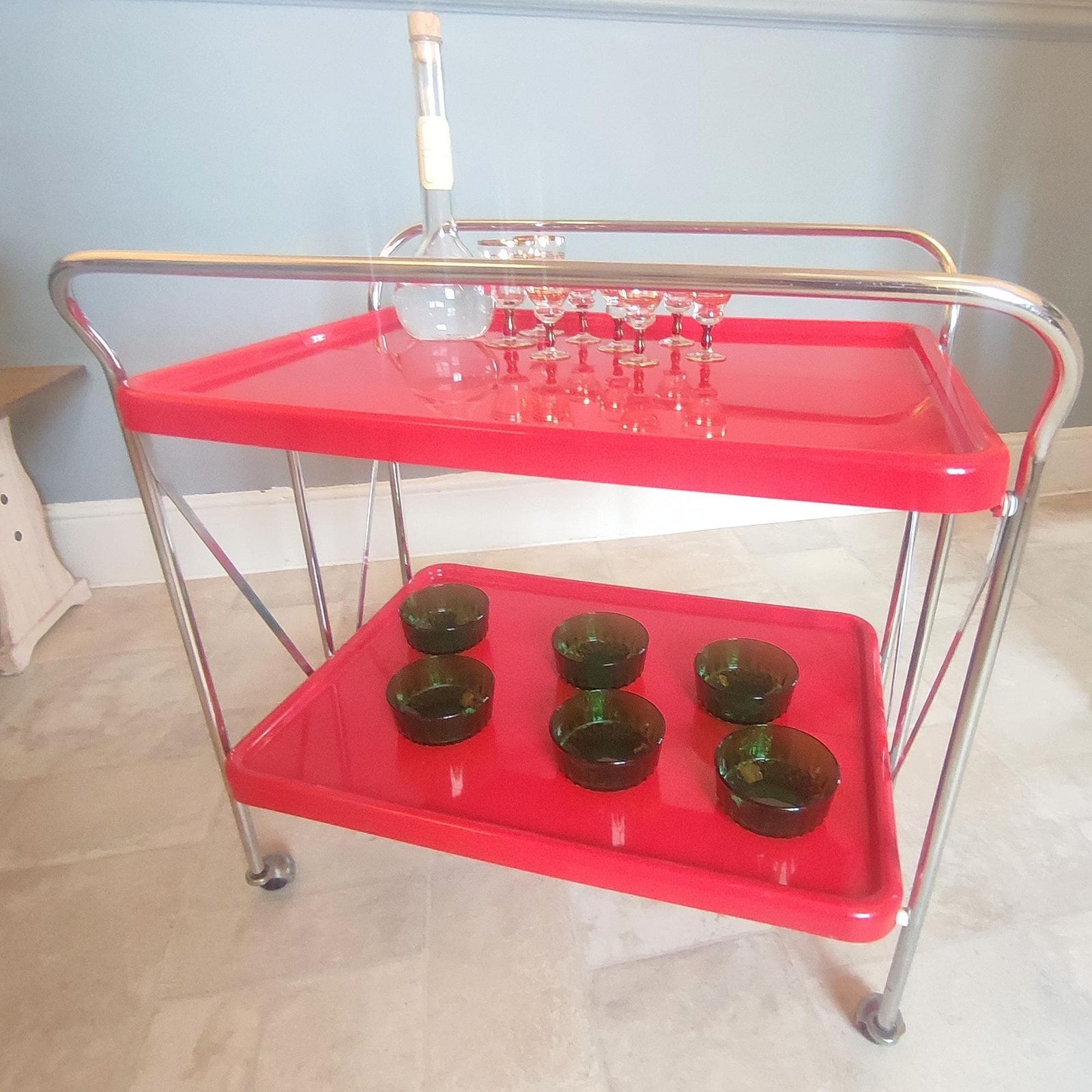 Vintage Italian Ellisse Red Two Tier Folding Trolley – Mid Century Modern Drinks Cart photo 750.0