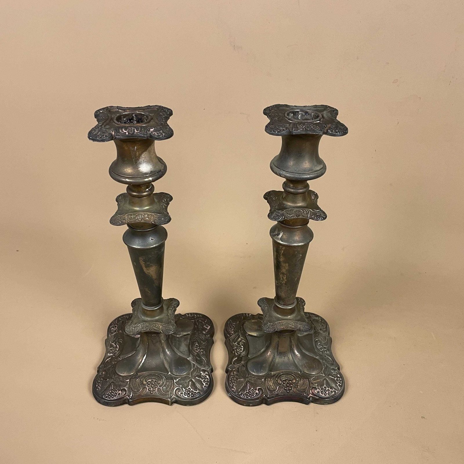 Antique Matching Pair Of Silver Metal Candlestick Candle Stick Ornate Vintage Taper Dinner Candlesticks Round Patterned Base Set Aged Patina photo for sale
