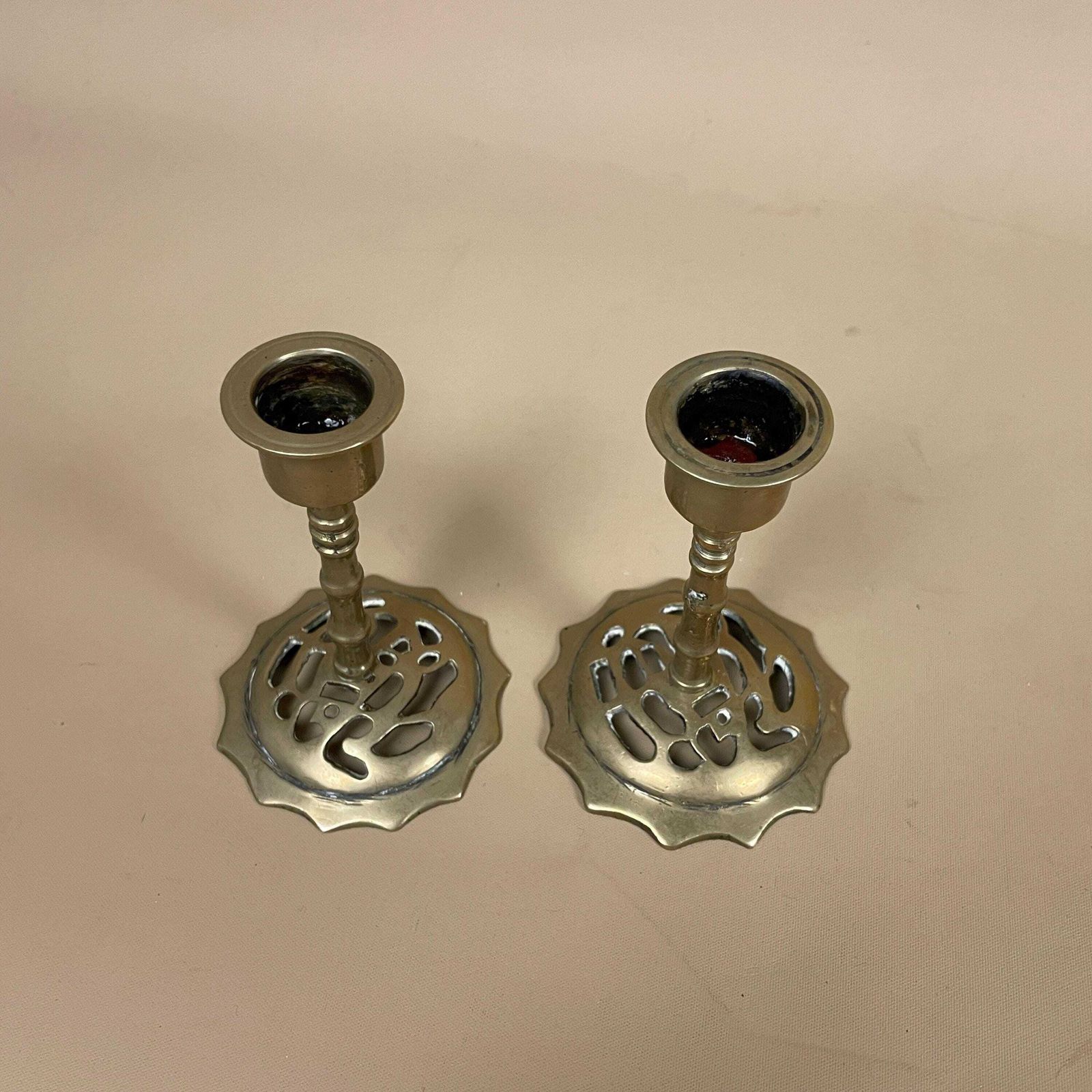 Antique Matching Pair Of Gold Brass Metal Candlestick Candle Stick Holder Vintage Round Base Taper Dinner Candlesticks Oriental Chinese photo 50.0