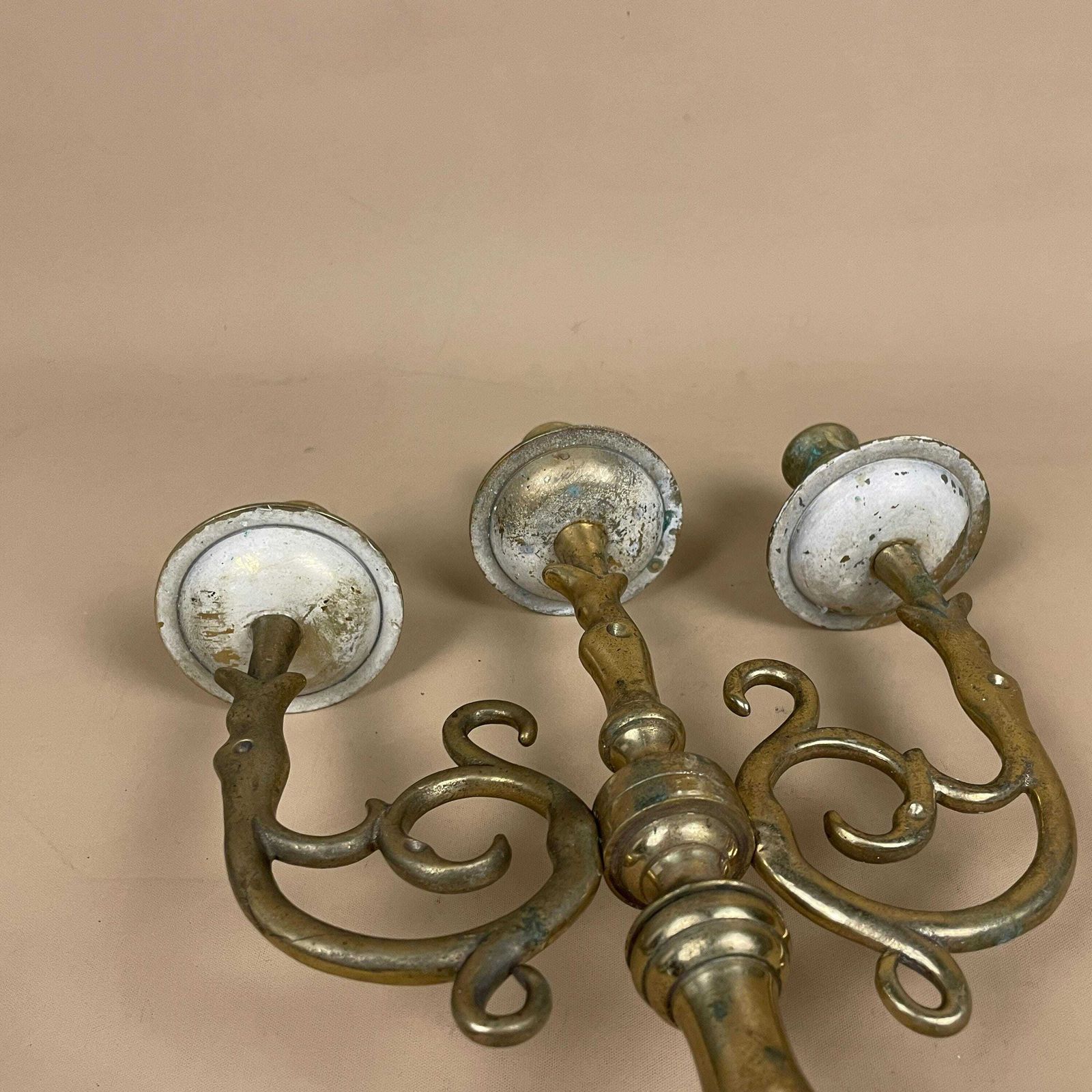 Home Decor Antique Gold Candelabra  Brass Metal Candlestick Candle Stick Holder Heavy Vintage Column Taper Dinner Candlesticks Ornate Pattern 3 Arms photo