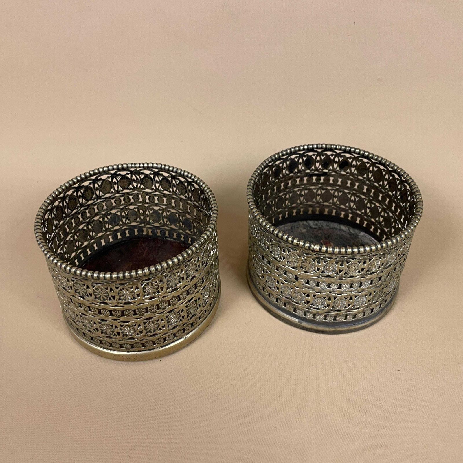 Antique Pair Of Matching Indian Cut Metal Brass Candlestick Candle Stick Holder Tea Lights Vintage Candlesticks Ornate Patterned Round Wood photo furniture