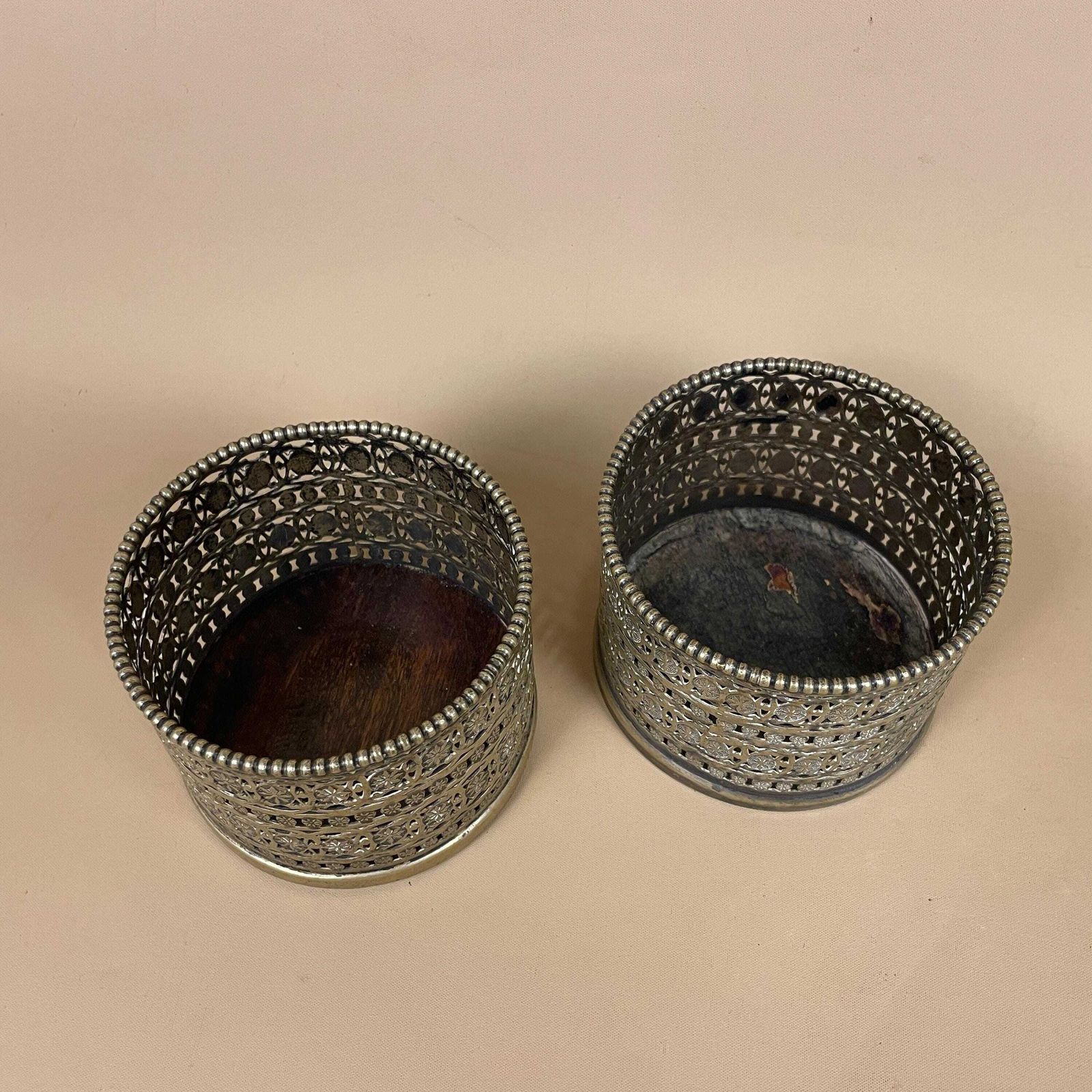 Antique Pair Of Matching Indian Cut Metal Brass Candlestick Candle Stick Holder Tea Lights Vintage Candlesticks Ornate Patterned Round Wood photo vinterior