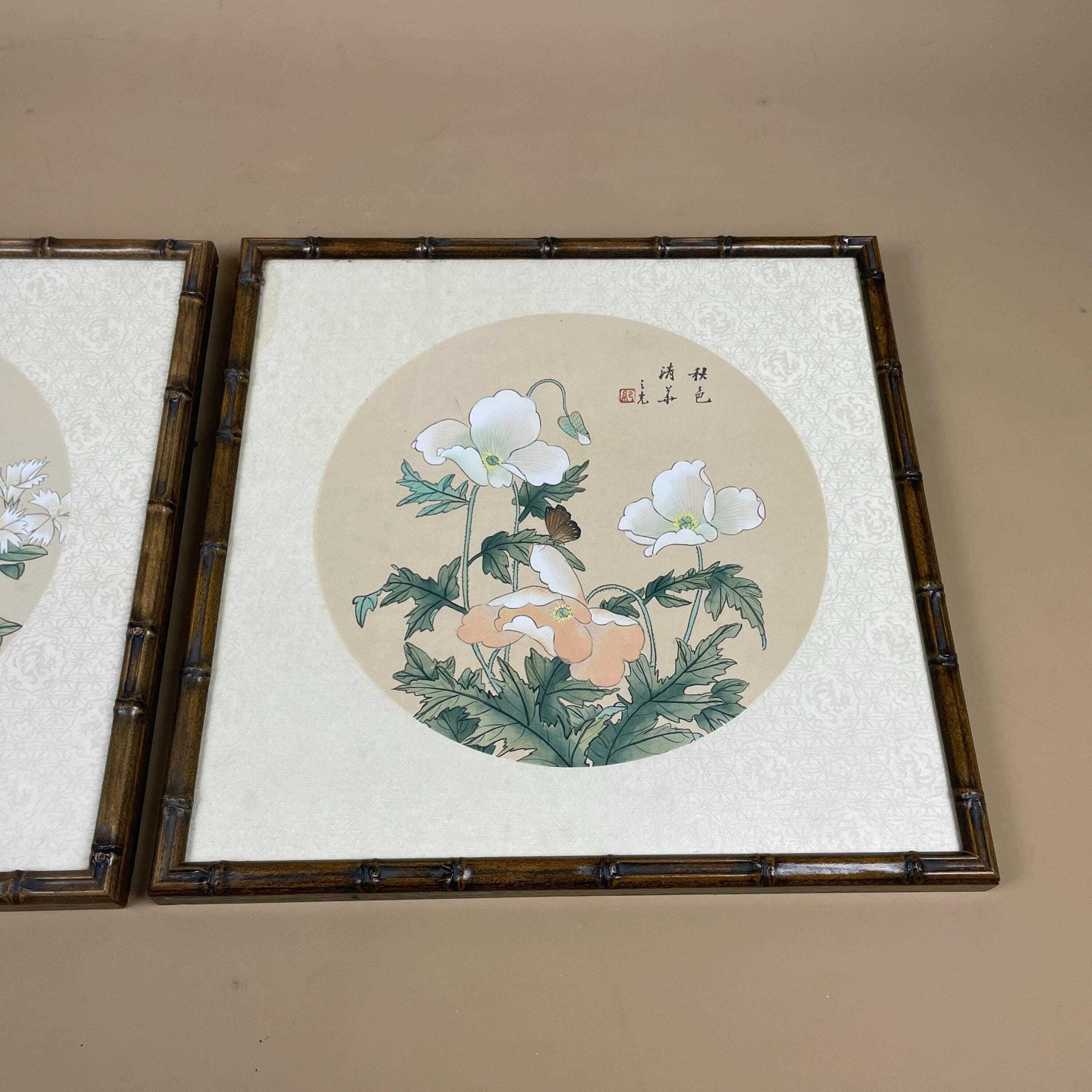 Two Oriental Hand Painted On Silk Paintings Flowers Butterflies Floral Bamboo Shaped Frame Set Of 2 Pair Wall Hangings Vintage Antique photo vinterior