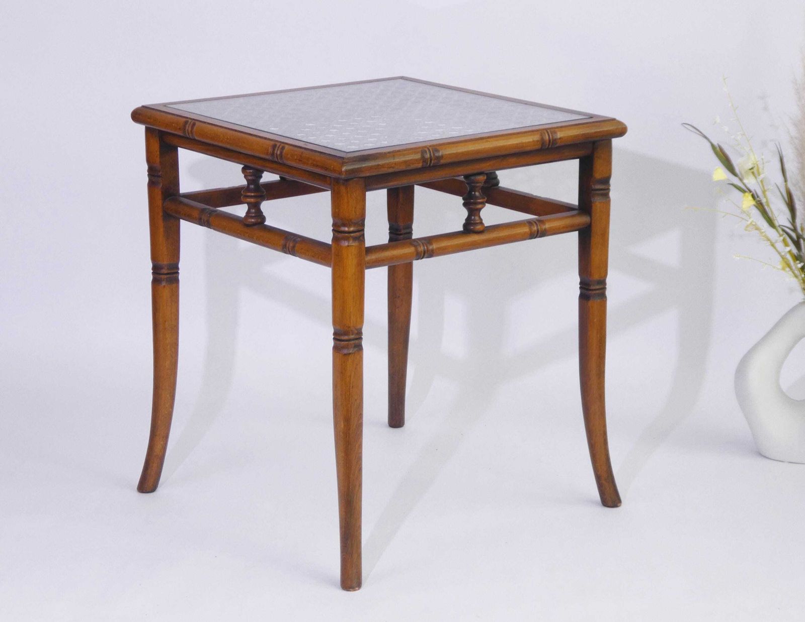 Faux Bamboo Wooden Side Table With Glass Top, English Vintage Coffee Table photo furniture