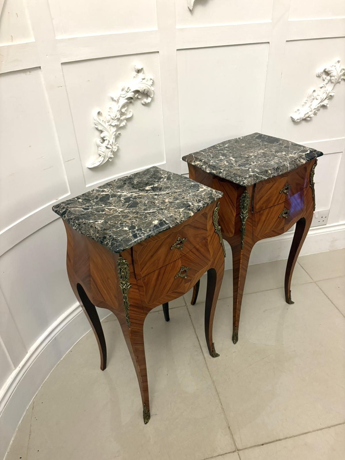 photo furniture Antique Pair Of Quality French Marble Top Side Cabinets