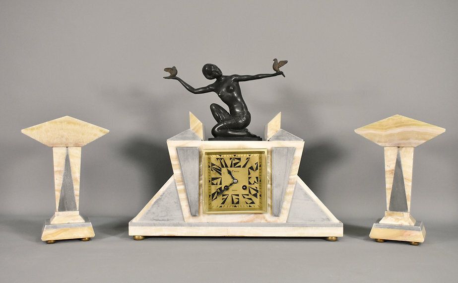 French Art Deco Clock & Garniture By H Molins Balleste & Tahou, Lourdes