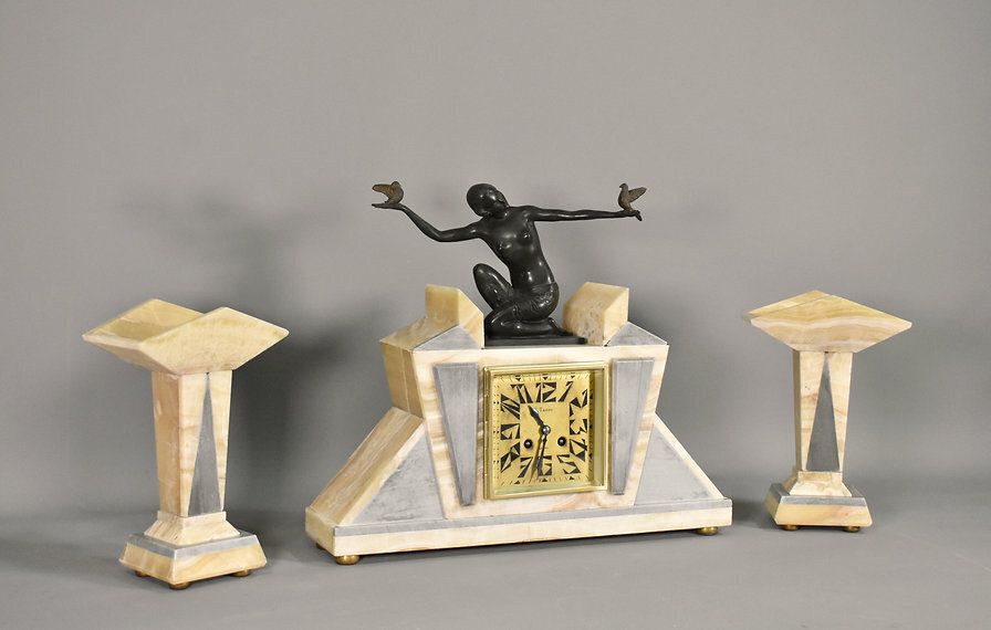 French Art Deco Clock & Garniture By H Molins Balleste & Tahou, Lourdes photo for sale