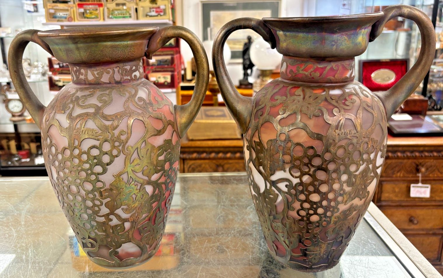 Pair Of Antique Ama Romanian Copper Over Art Glass Vases/ Urns